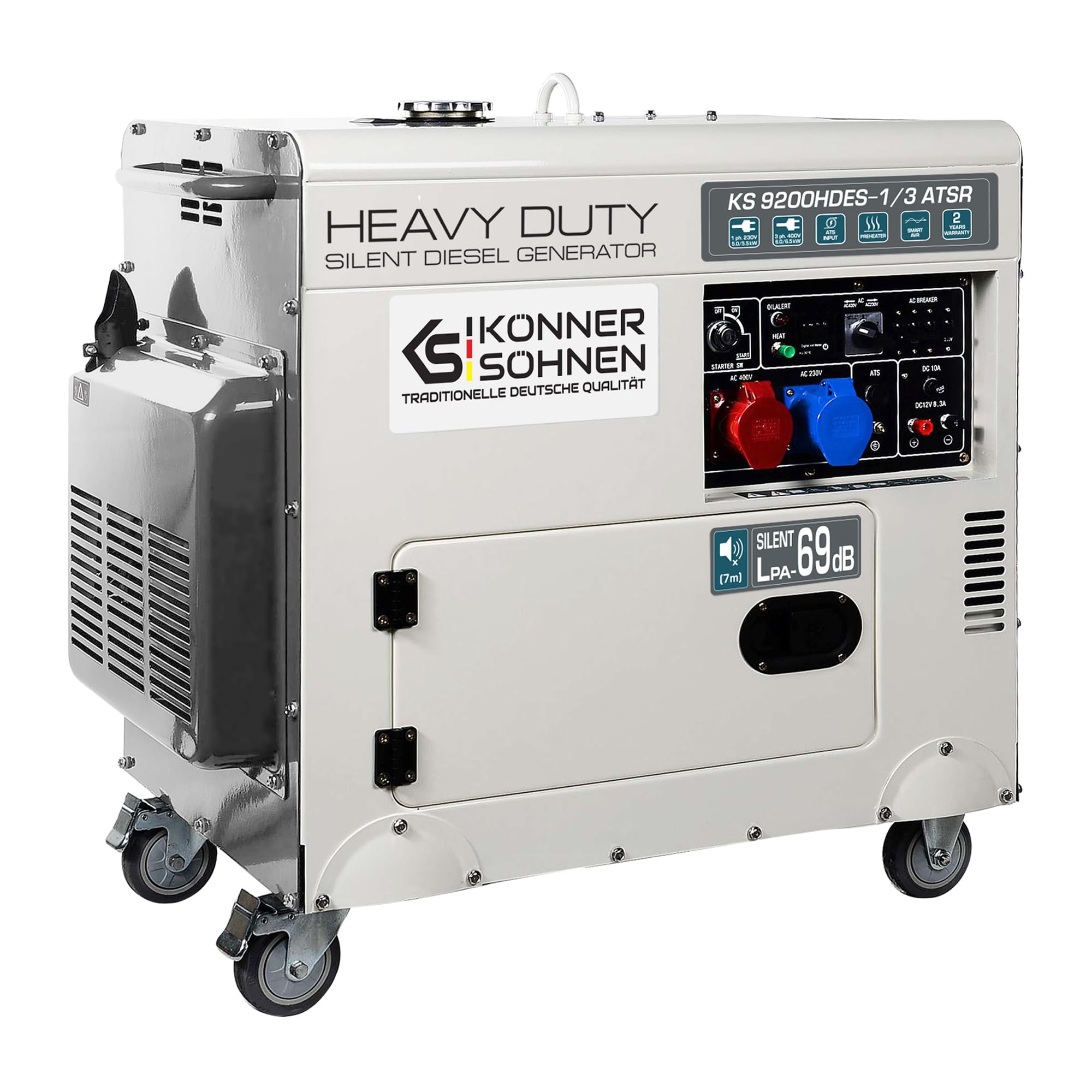 Könner & Söhnen KS 9200HDES-1/3 ATSR - Power generator 18hp, 4-stroke diesel engine with E-start, preheater, automatic voltage regulator, low noise, 7500/6400 watts, 1x16A (400V)/ 1x32A (230V)