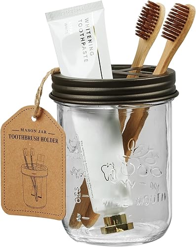 Mason Jar - Soporte para cepillos de dientes, acero inoxidable inoxidable, capacidad para 2 cepillos de dientes y pasta de dientes, con etiquetas de