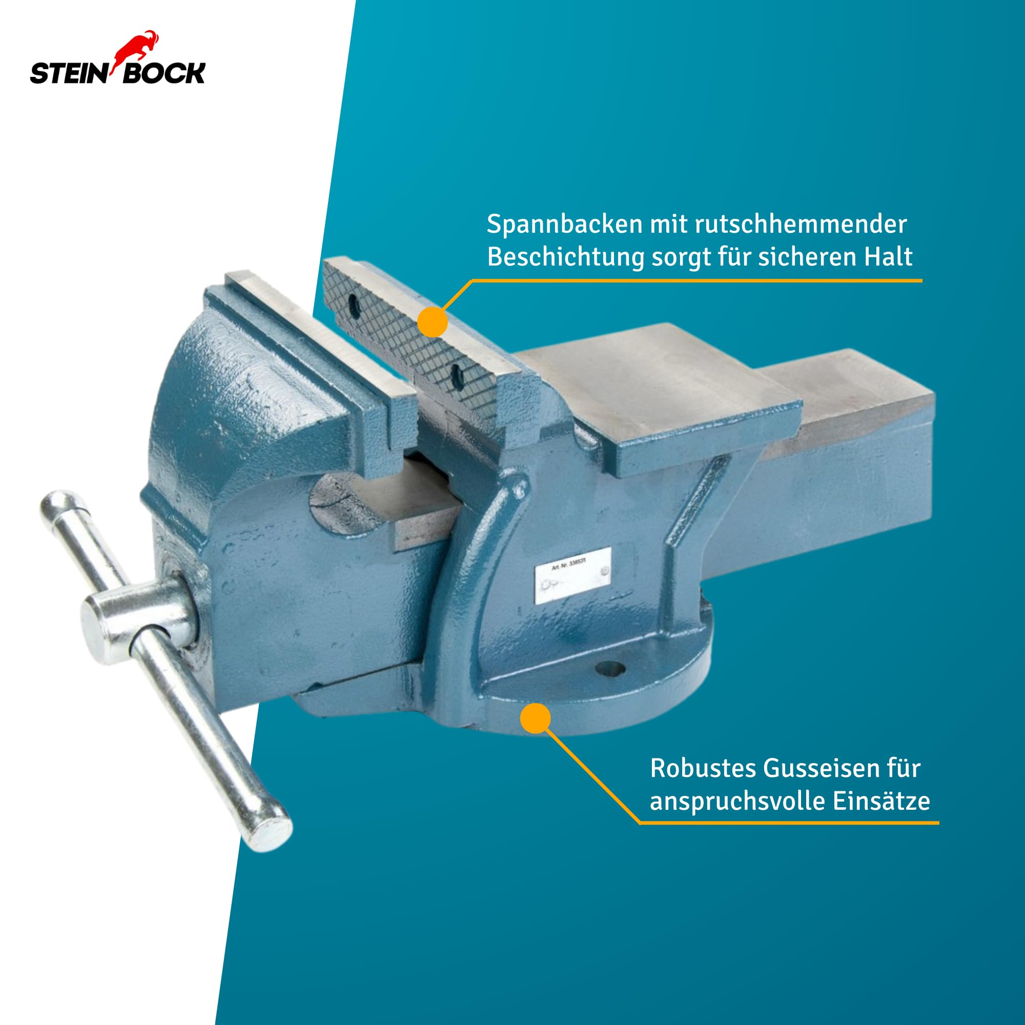 Steinbock Schraubstock feststehend |125 mm Backenbreite | Tischschraubstock aus robustem Gusseisen | robuste Ambossfläche | rutschfeste Backen | präzise Werkstück-Fixierung