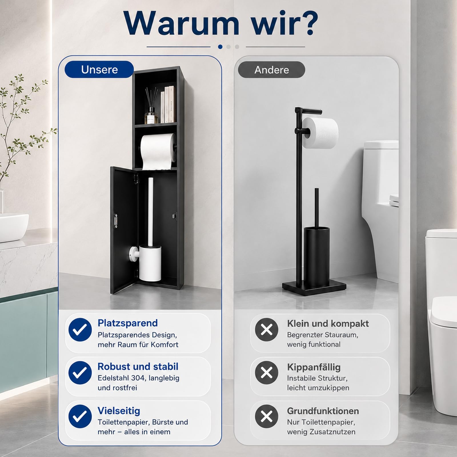 Unterputz Toilettenpapierhalter Edelstahl mit Klobürstengarnitur | 80 x 18 x 12,5 cm Badezimmerschrank mit Toilettenpapierhalter, und Badezimmer-Schrankfunktion, Matt Schwarz