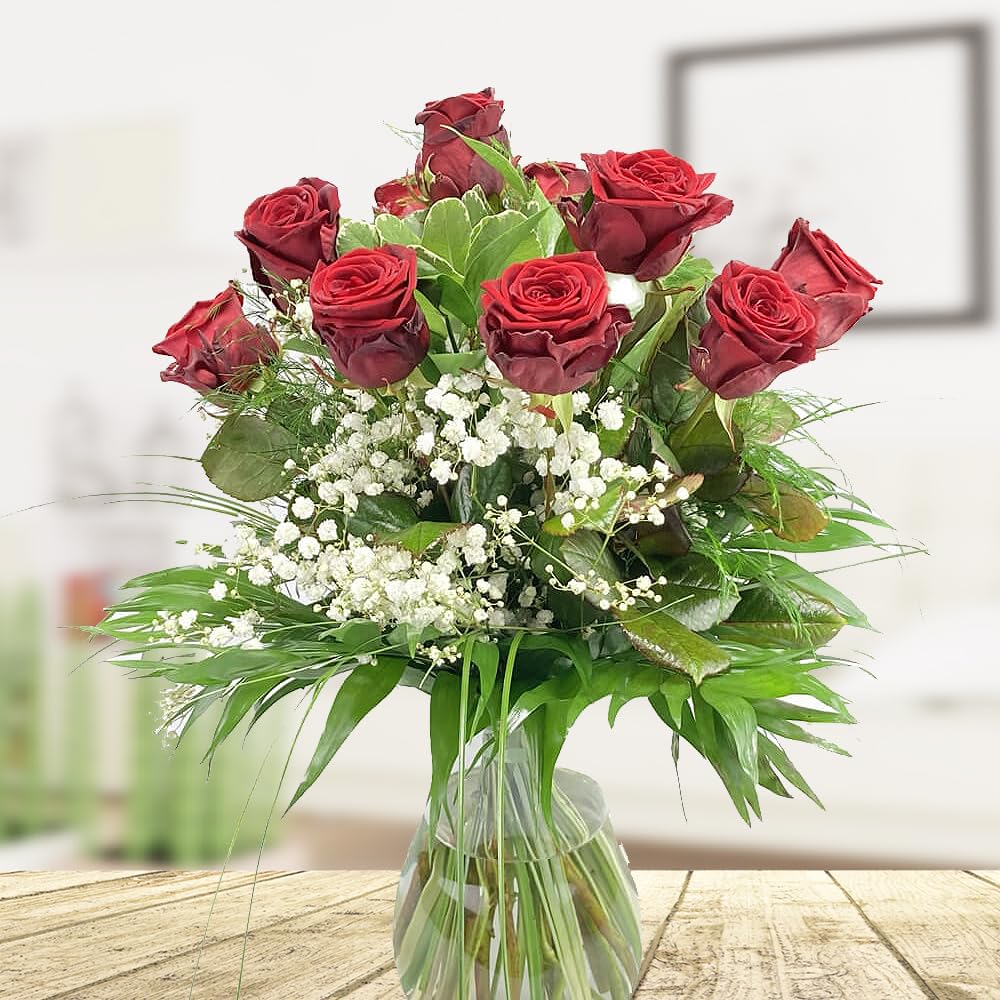 Roter Rosenstrauß - Blumenstrauß mit 10 roten XXL Rosen und Schleierkraut - Inklusive gratis Grußkarte