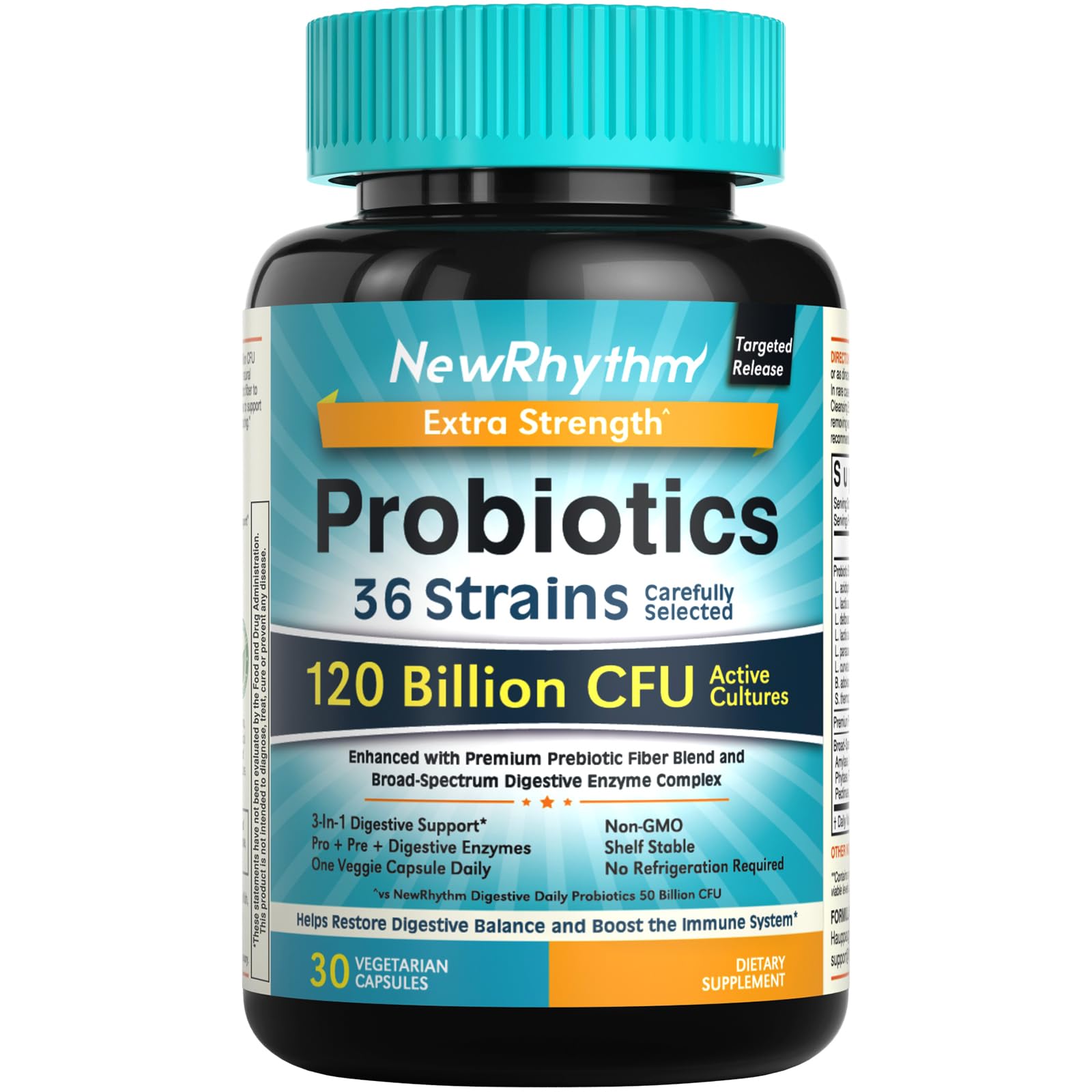 NewRhythm Probiotics 120 Billion CFU 36 Strains, 3-in-1 Probiotics for Digestive Health & Immune Support with Prebiotics & Enzymes, Probioticos for Women & Men, Vegan Targeted Release Supplement, 30ct