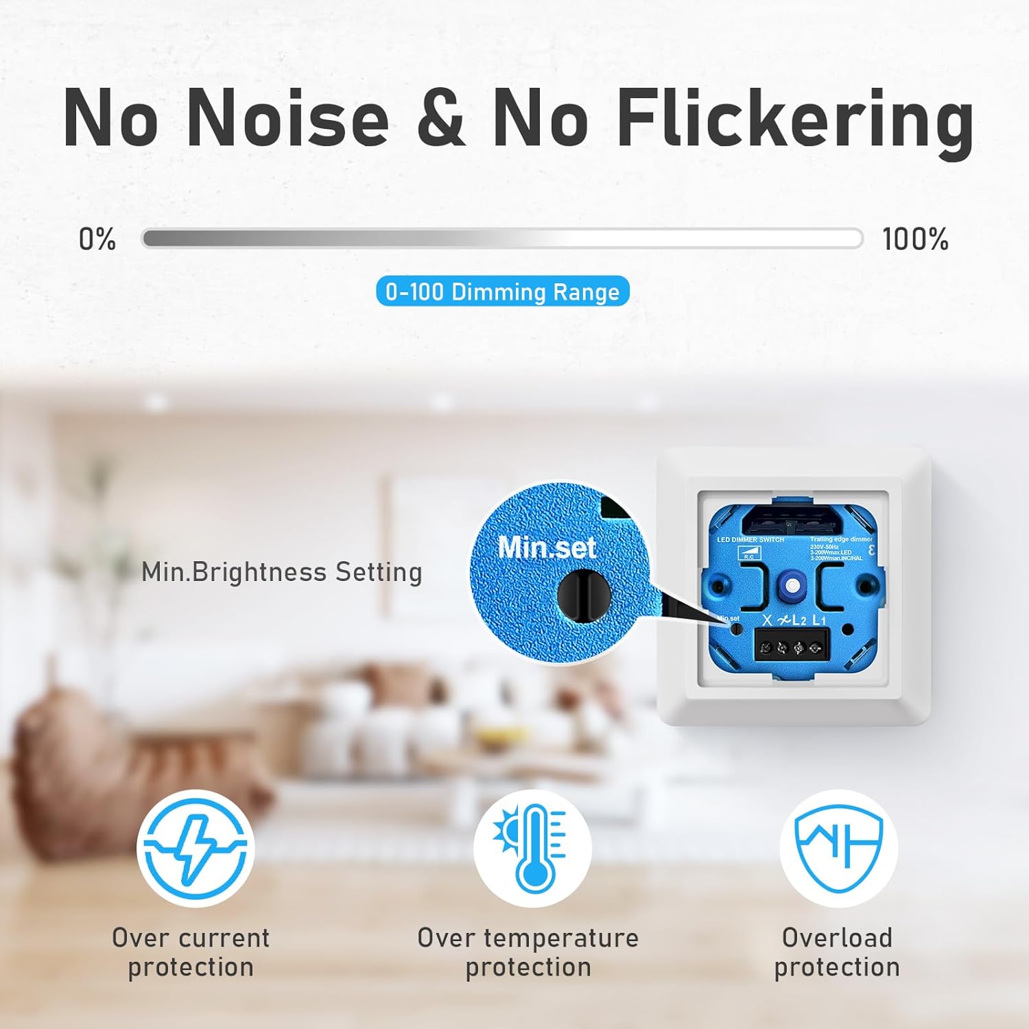 Image showing the minimum brightness setting screw and protection features of the dimmer.