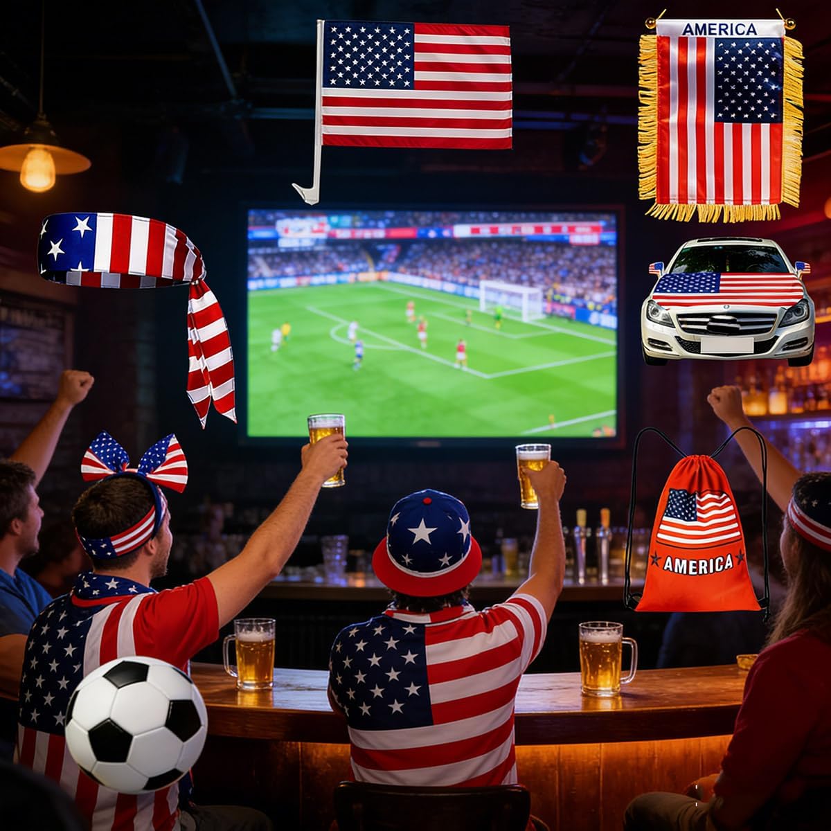 FRoon 10PCS Soccer Fan cheering Set - Flags, Headbands, Car Decorations and Drawstring Bags for 2026 Football match cheering and National Celebrations