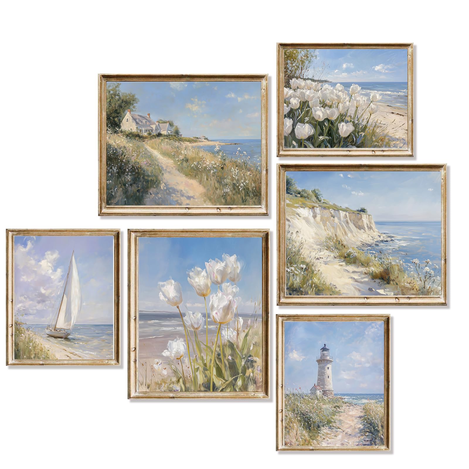 BYOCEW Coastal Vintage Wall Art Prints Set of 6,Seascape& Wildflowers–Preppy Summer Decorations Unframed Nature Beachy Artwork,Seaside Pictures for Beach House Bedroom Dorm Apartment Office 8x10 Inch