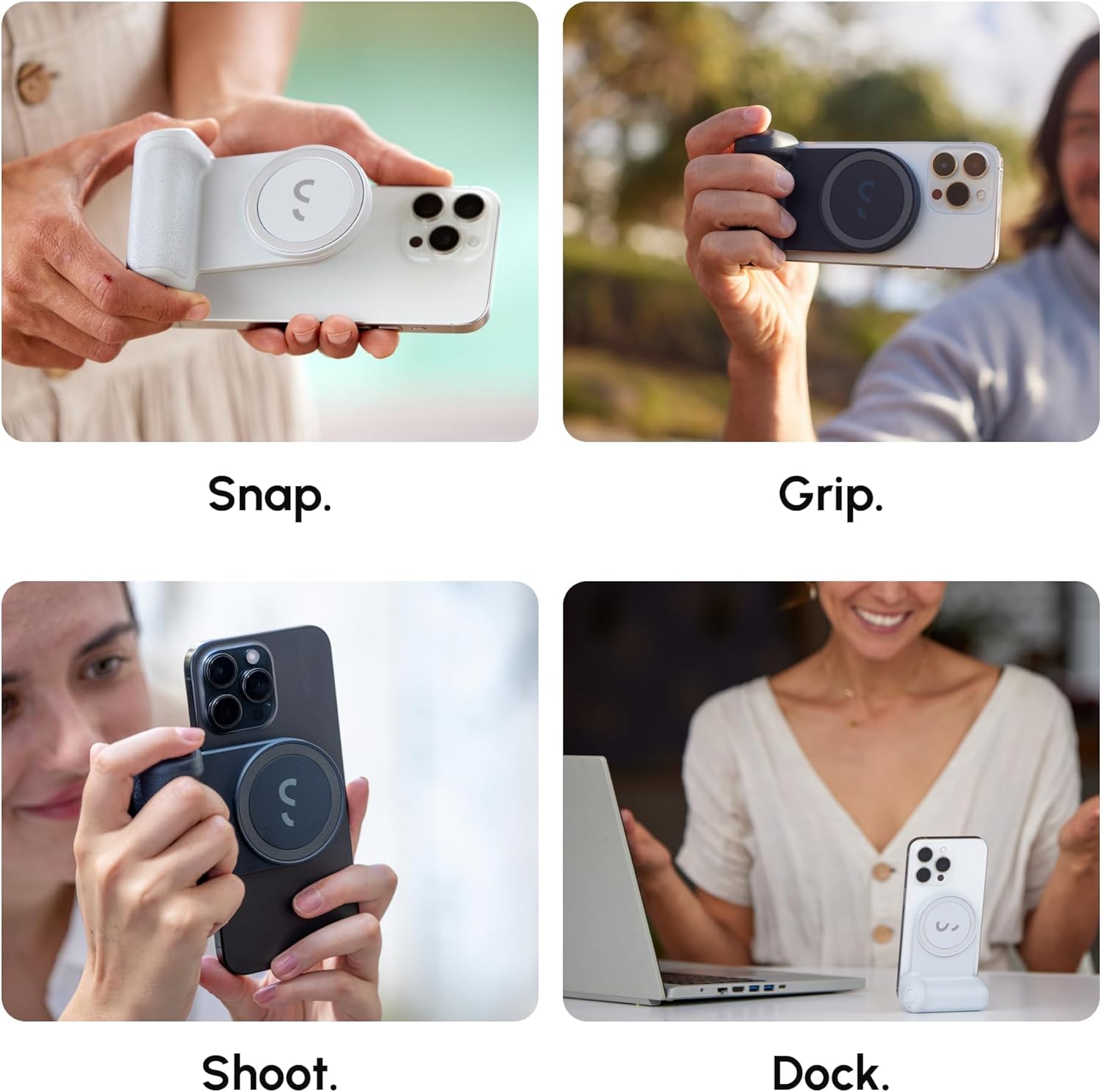 ShiftCam SnapGrip Essential – Magnetic Phone Camera Grip with Wireless Shutter Button & Tabletop Dock – Compatible with iPhone & Android (Stone)