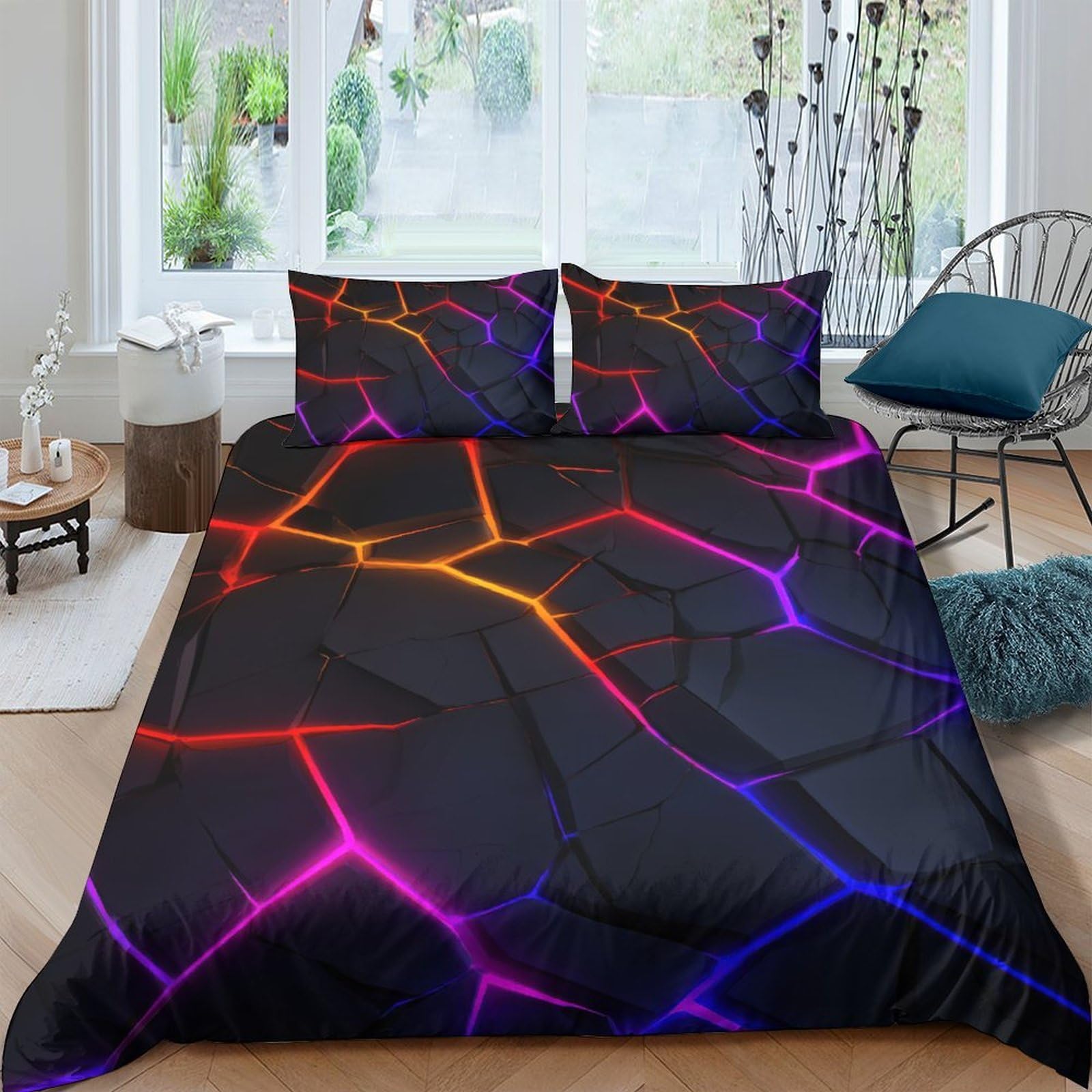 Ctjqhvkz Style-4 3D Printed Neon Crack Fitted Sheet Microfiber Soft Decor Lava Pattern Mattress Cover For Bedroom Guest Room Single（135X200cm）