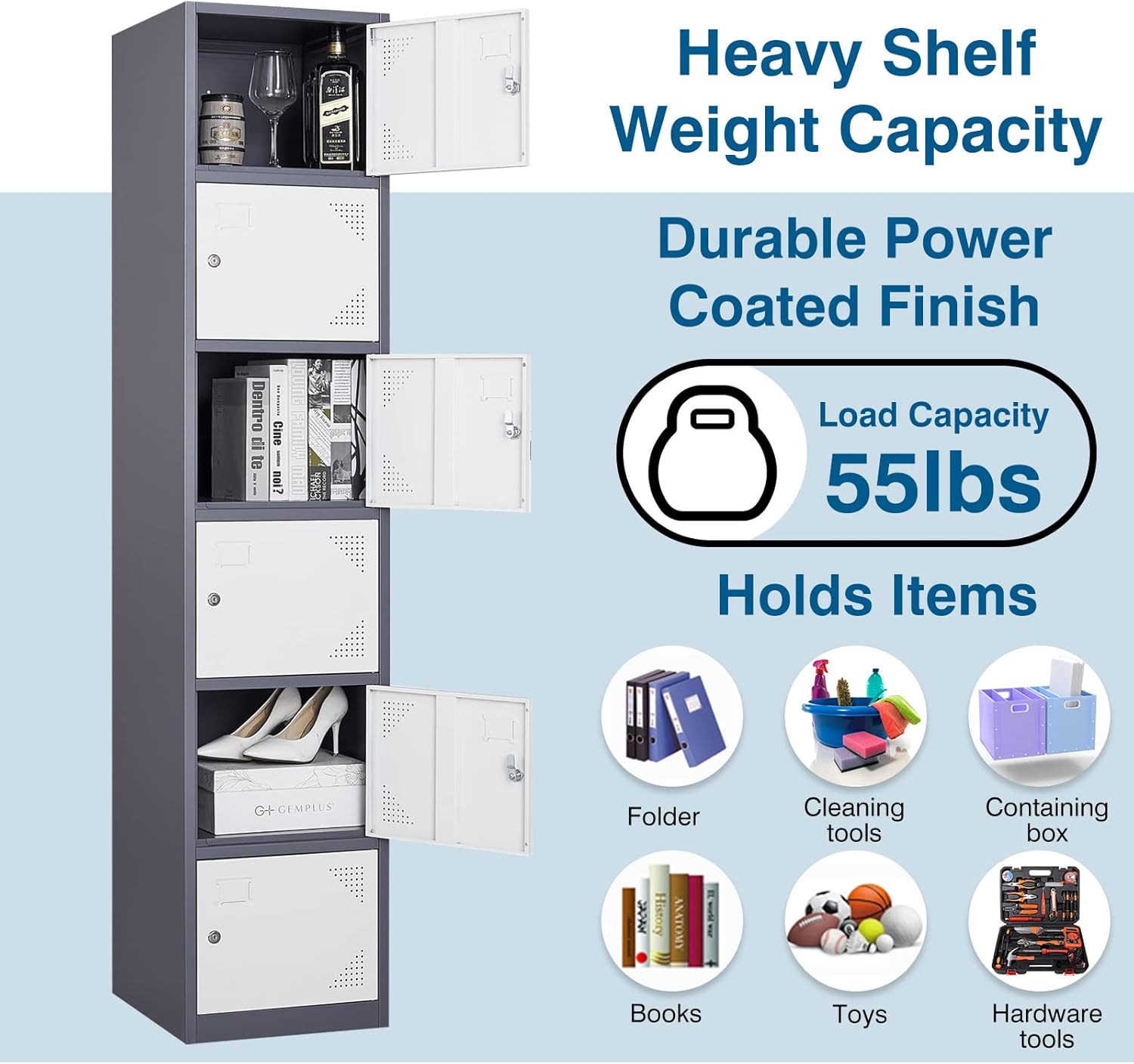 PEUKC Metal Locker Cabinet with 6 Doors, 71" Storage for Employees, 6 Tier Steel Locker with Lock and Keys for School, Gym, Home, Office Staff (Grey White)
