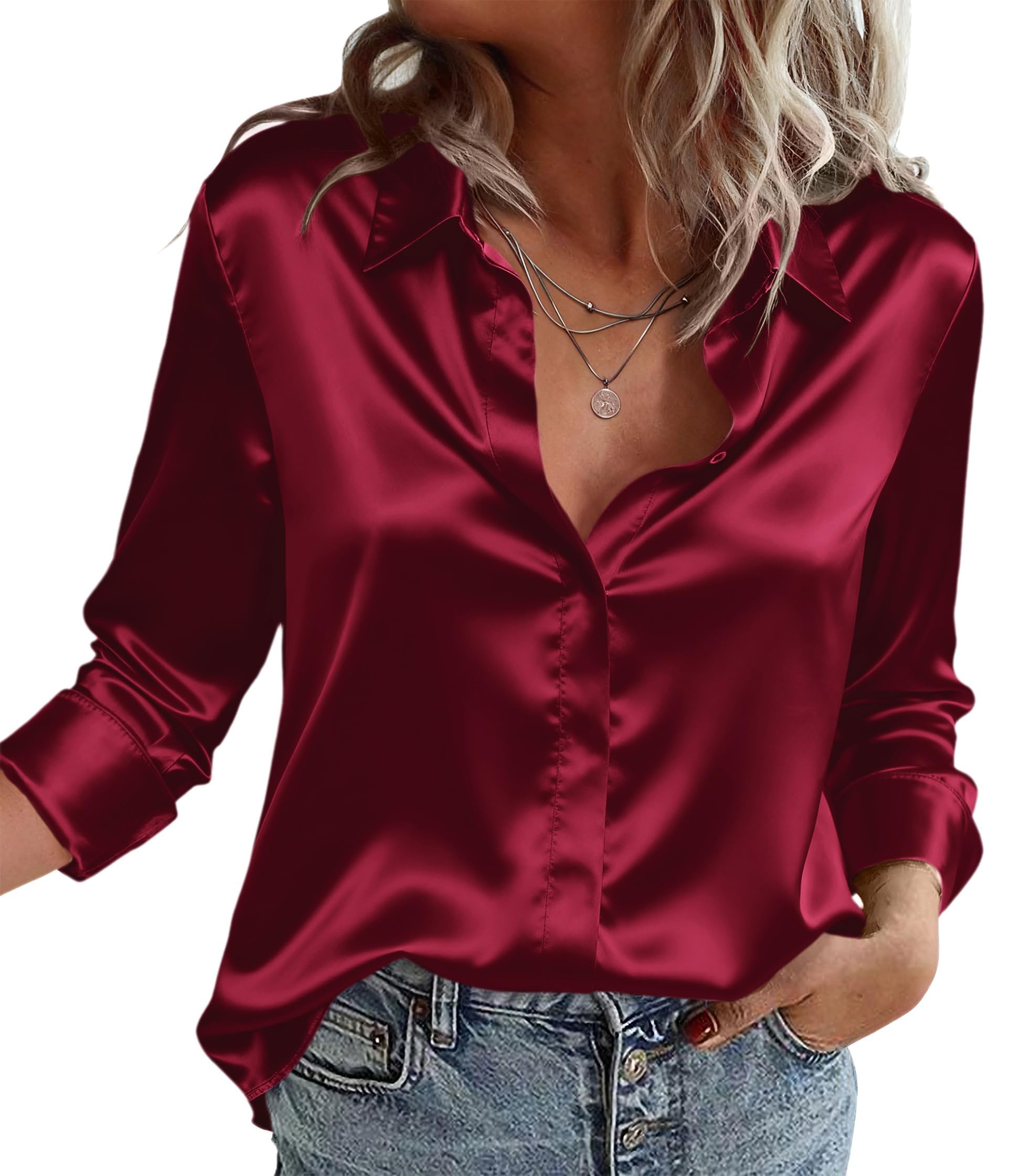ZEAGOO Satin Bluse Damen Seidenbluse V-Ausschnitt Langarm Blusen Elegant Business Oberteile Seide Hemd mit Knöpfen