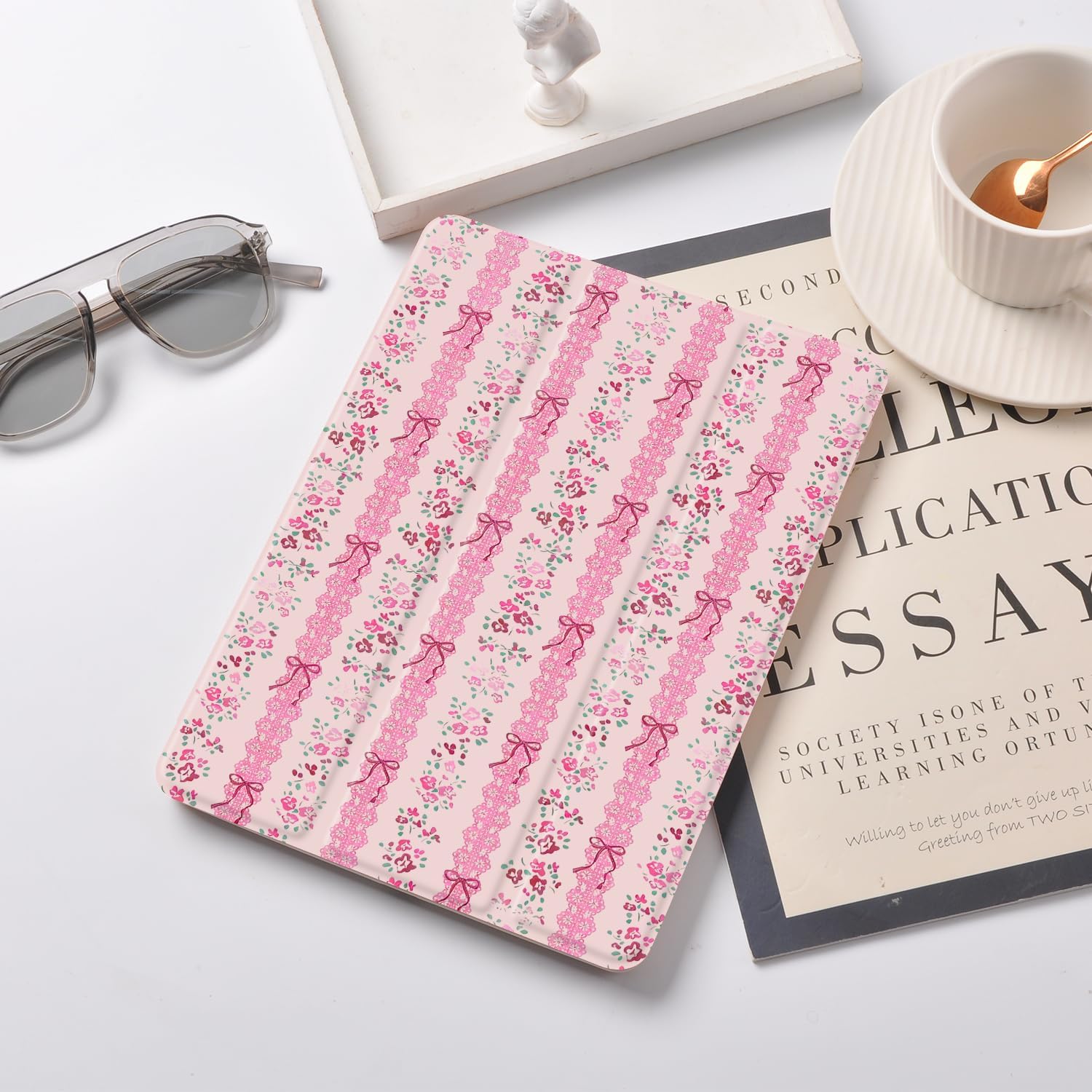 Joyland Pink Bow & Floral for iPad 6th/5th Generation 9.7 Inch 2018/2017,iPad Air 2/Air 1 Case,Built-in Pencil Holder with Shockproof Cover Transparent Back Shell Auto Wake/Sleep,Pink