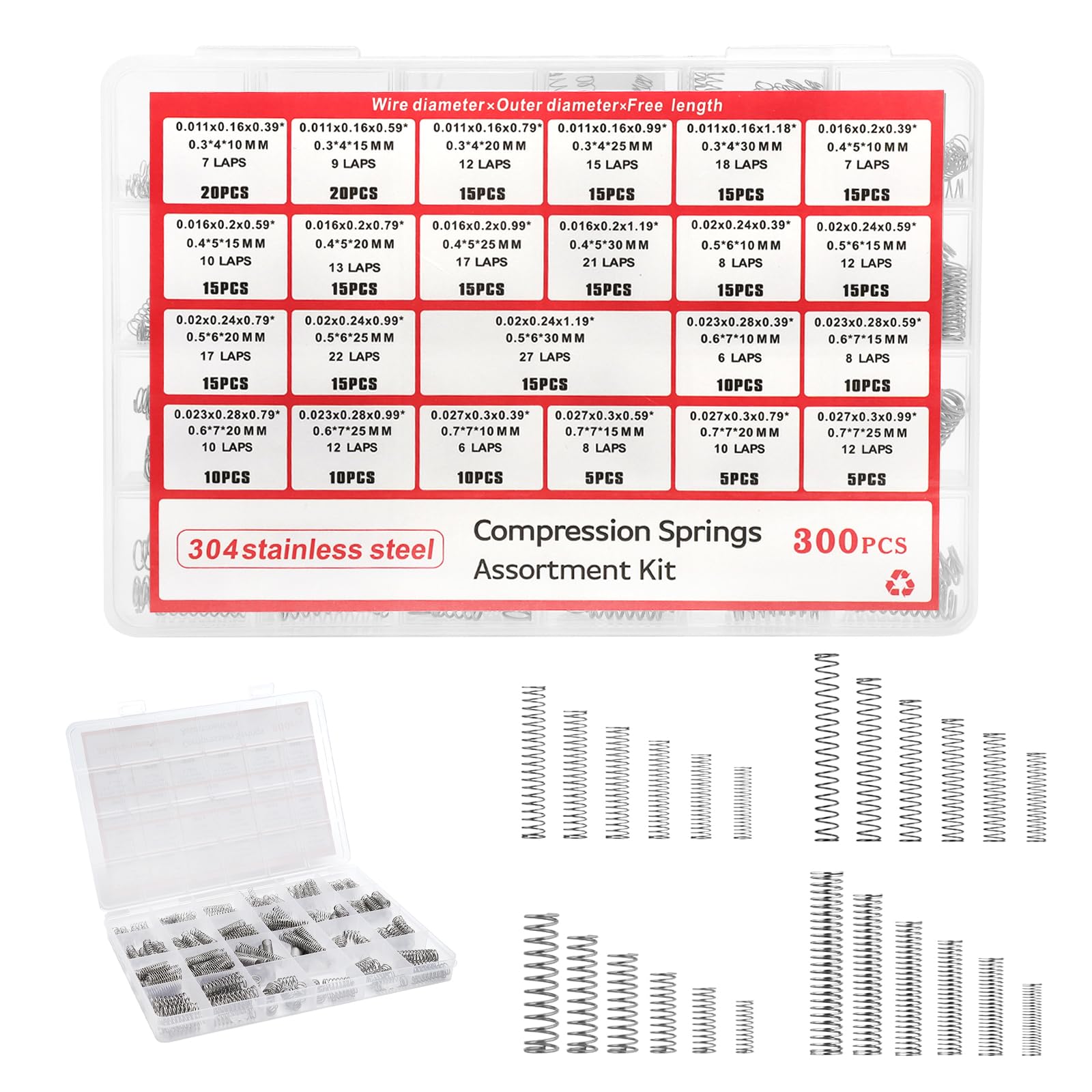 Sprężyna kompresyjna, zestaw sprężyn 300 elementów, sprężyna ze stali nierdzewnej 304, sprężyny metalowe, 23 rozmiary, organizer do majsterkowania, do naprawy warsztatu, garażu, elektroniki