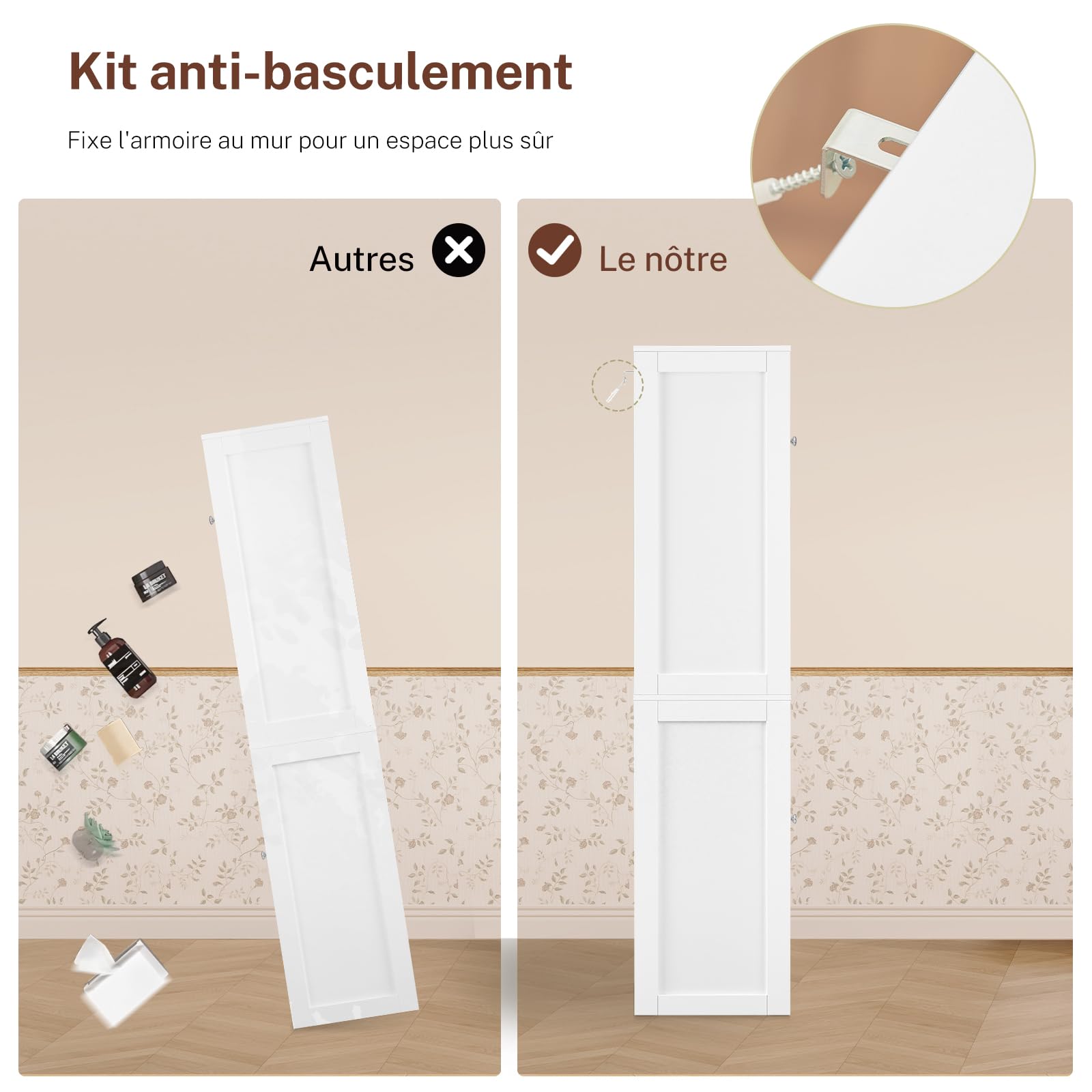 TEENFON Meuble de Salle de Bain avec 4 Portes, Armoire de Rangement Colonne avec 2 Étagères Réglables et 2 Tiroirs, 60x30x147 cm, Blanc
