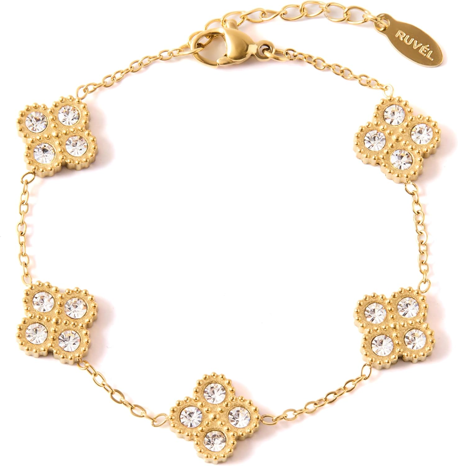 Ruvel Waterproof 18K Gold Plated Four Leaf Clover Flower Bracelet for Women – 316L Stainless Steel Link Chain Bracelet with Cubic Zirconia, Non Tarnish Stackable Lucky Jewelry Gift