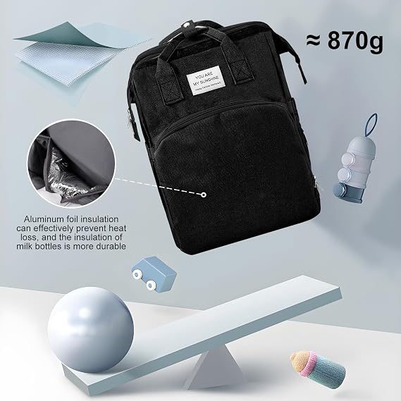 Baby Changing Bag, Nappy Changing Bag with Changing Mat, Large Capacity Baby Bags for Mum, Waterproof Portable Changing Bags Backpack with Foldable Cot Bed, Stroller Straps for Travel