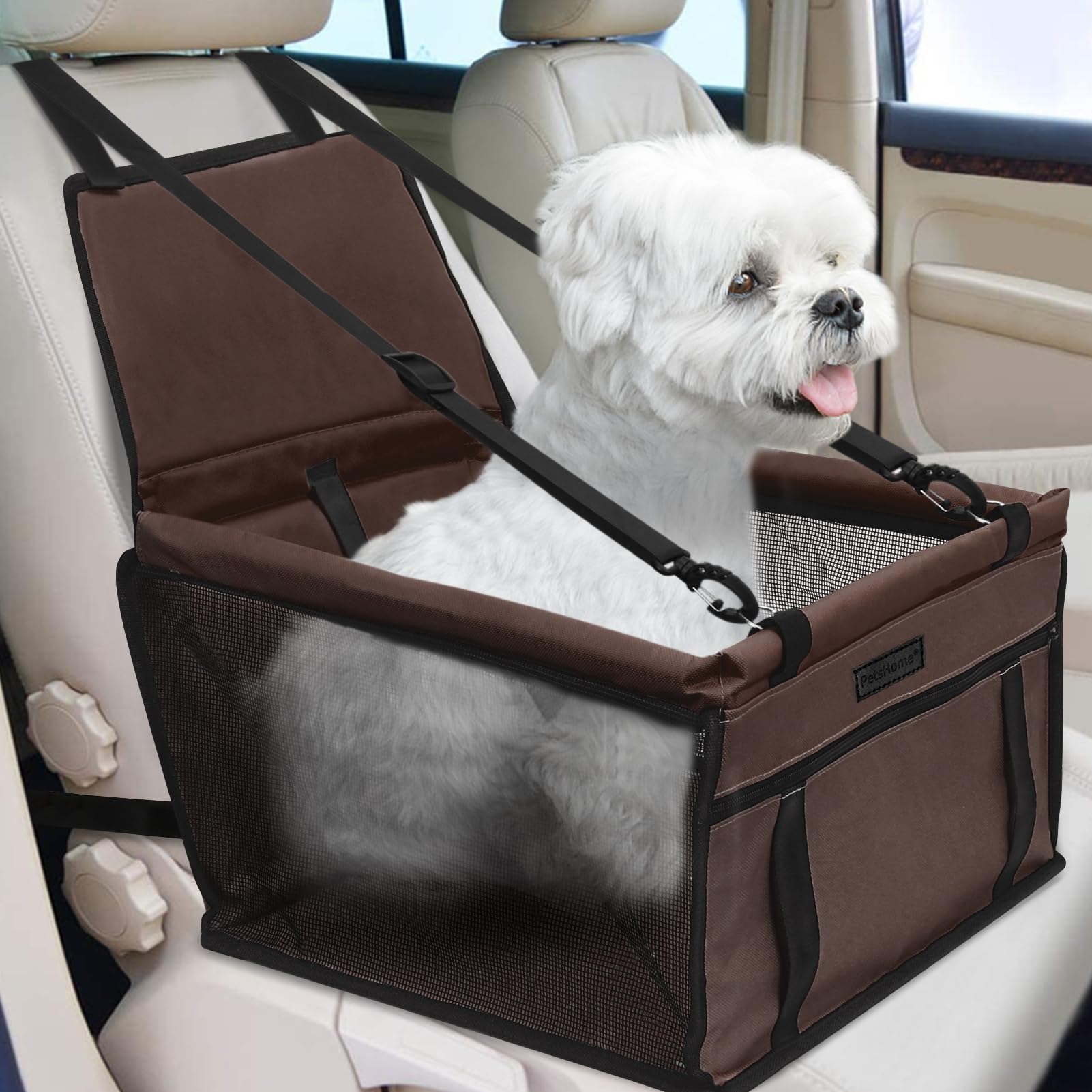 PetsHome Dog Car Seat Foldable Dog Car Booster Seat Waterproof Breathable Oxford Travel Bag for Small to Medium Dogs, Puppies, and Pets-Pure Coffee
