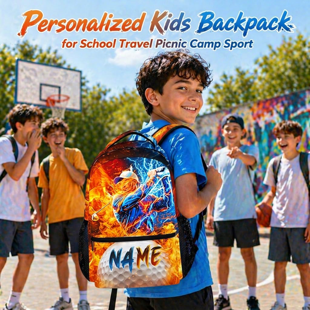 Boys School Backpack - Custom Golf Boys Backpacks with Name for Kids Teens Elementary Middle Primary High Senior - 17 Inch Lightweight Cool Sport Bookbag for School Travel