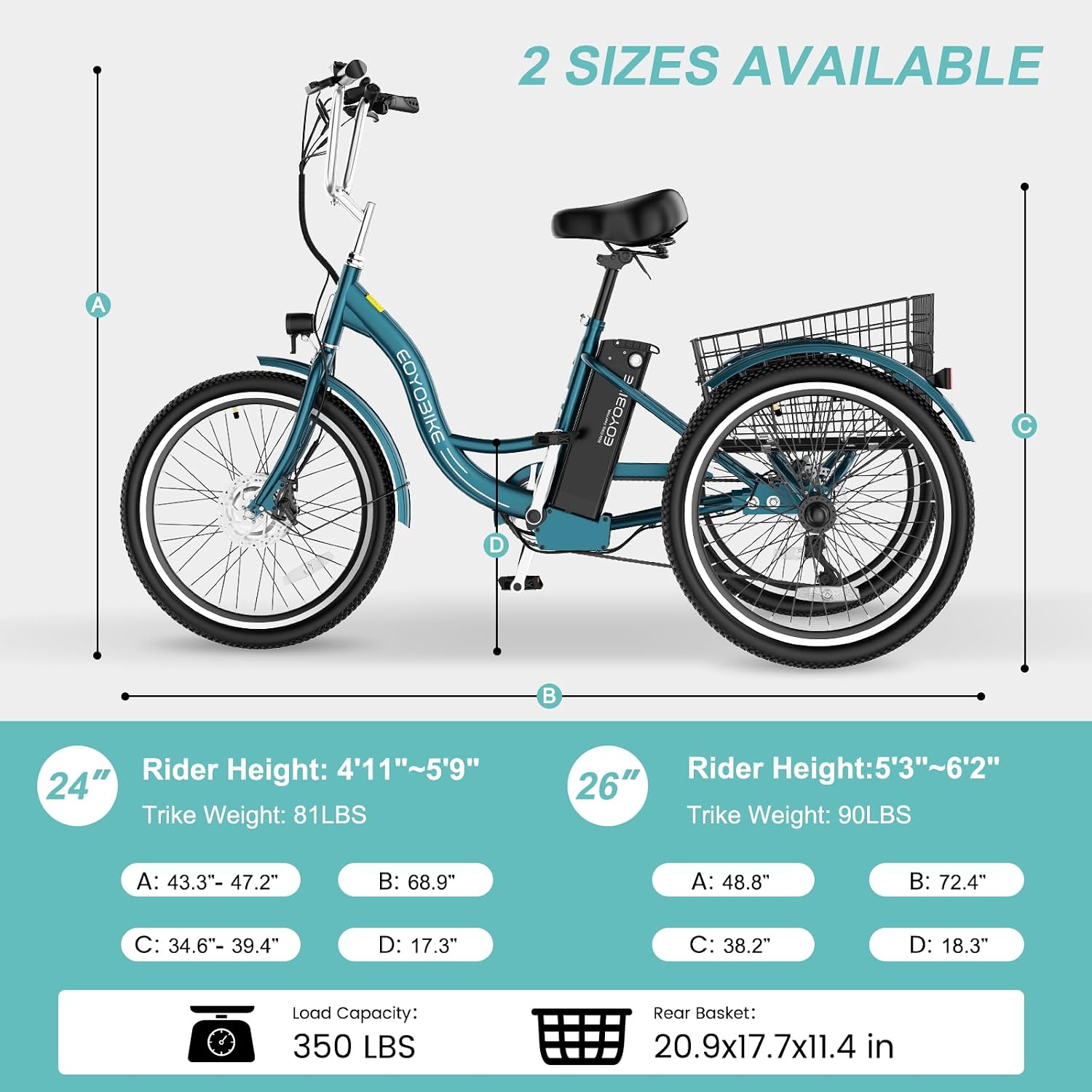 Electric Tricycle for Adults, 24/26 Inch 3 Wheel Electric Bike with 350W Motor, 36V Removable Battery, 7-Speed Electric Trike, 3 Riding Modes, Adjustable Seat, Rear Basket, 350 lbs Capacity