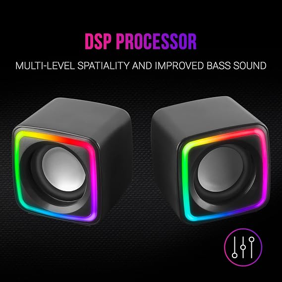 Mars Gaming MSCUBE, Compact Gaming Speakers 8W, Space DSP Sound, RGB Active-Flow Lighting, Control Box, USB Connectivity + 3.5 mm Jack, Black