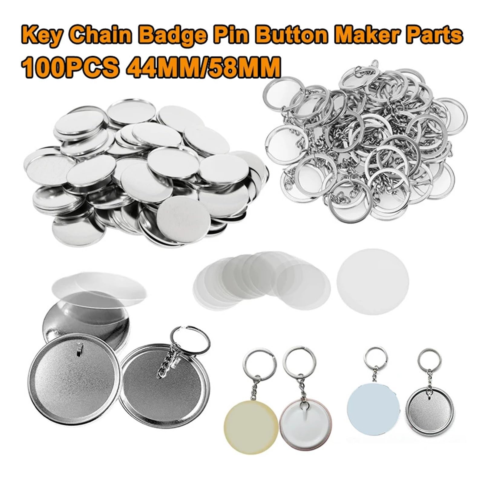 100 STÜCKE 44 MM 58 MM Kunststoff Metall Schlüsselanhänger Abzeichen Pin Button Maker Teile Blank Runde Abzeichen Liefert Kompatibel(58MM Metal -100PCS)