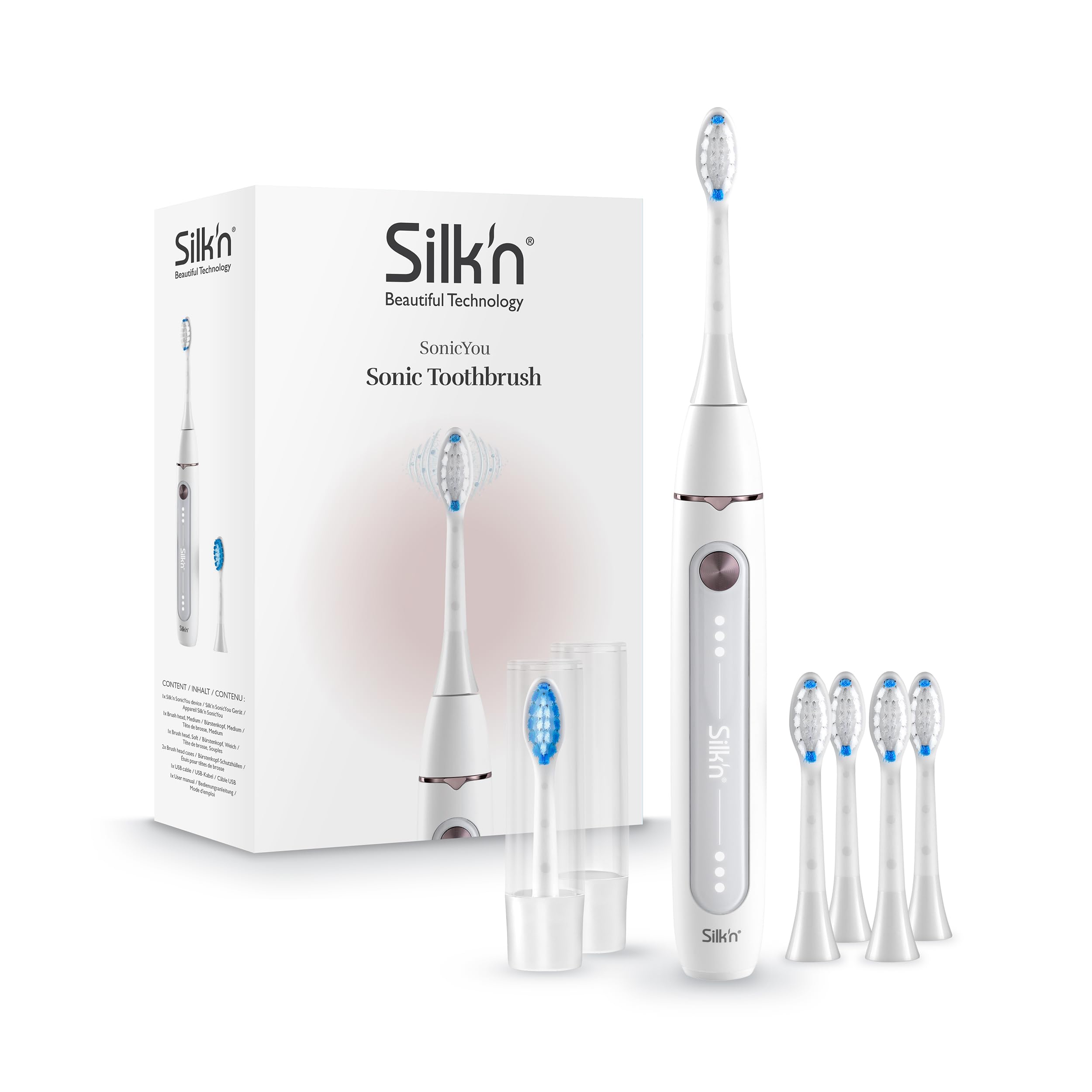 Silk'n Set de cepillo de dientes eléctrico con set de repuesto - SonicYou and Refill Set - con paquete de 4 cabezales blancos - Idea de regalo - Blanco