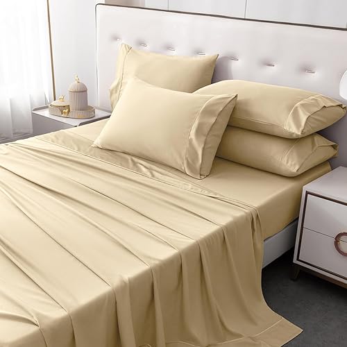 Miniatura 1 de Juego de sábanas de 6 piezas de color beige camello con bordes similares, tamaño Queen, sábanas de bolsillo profundo para colchón de 16 pulgadas,