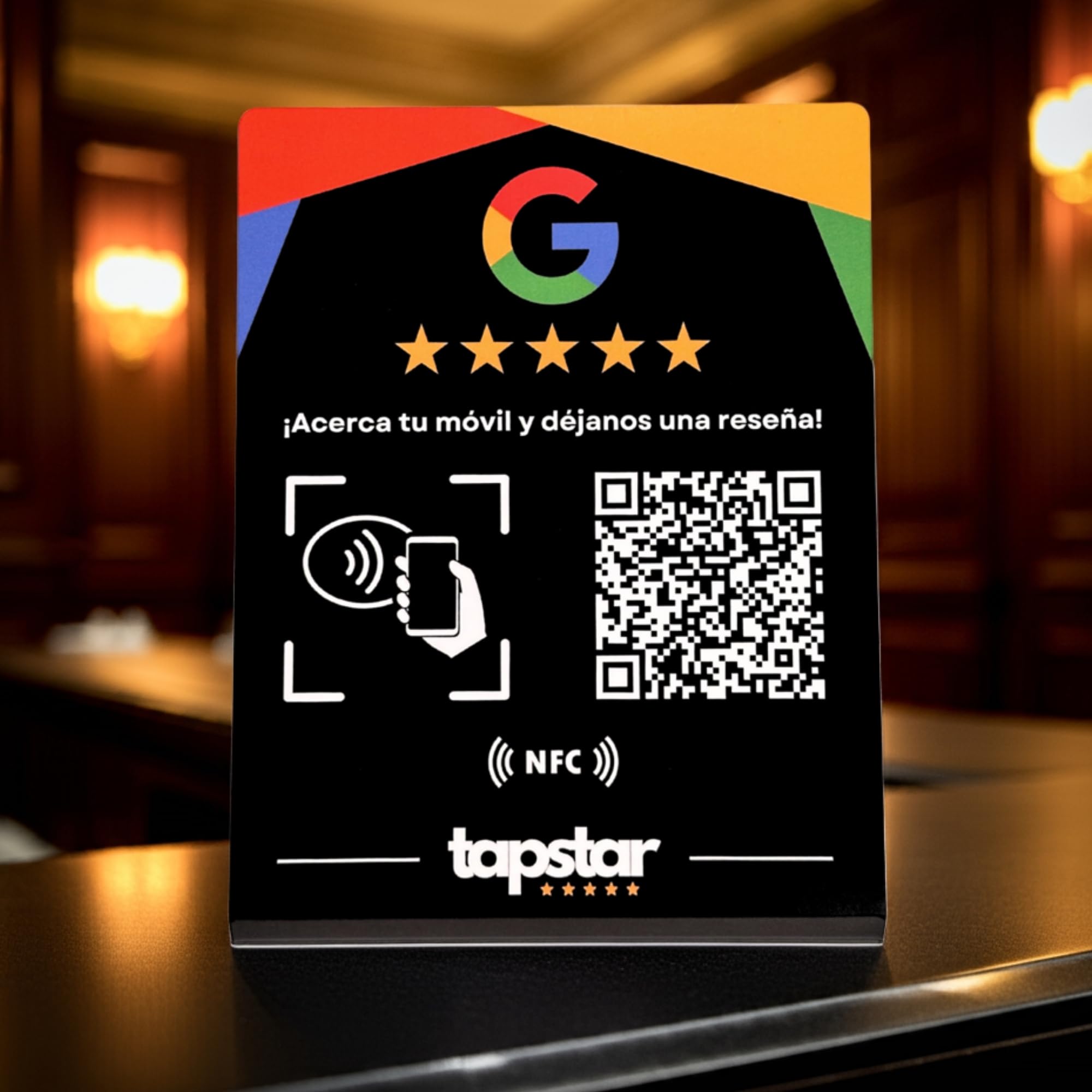 TAPSTAR Soporte Reseñas Google NFC y QR - Expositor Stand Reviews Google - Cartel NFC QR Opiniones Google - Compatible con Android & iPhone - Configuración Fácil con Web App - Sin Suscripciones