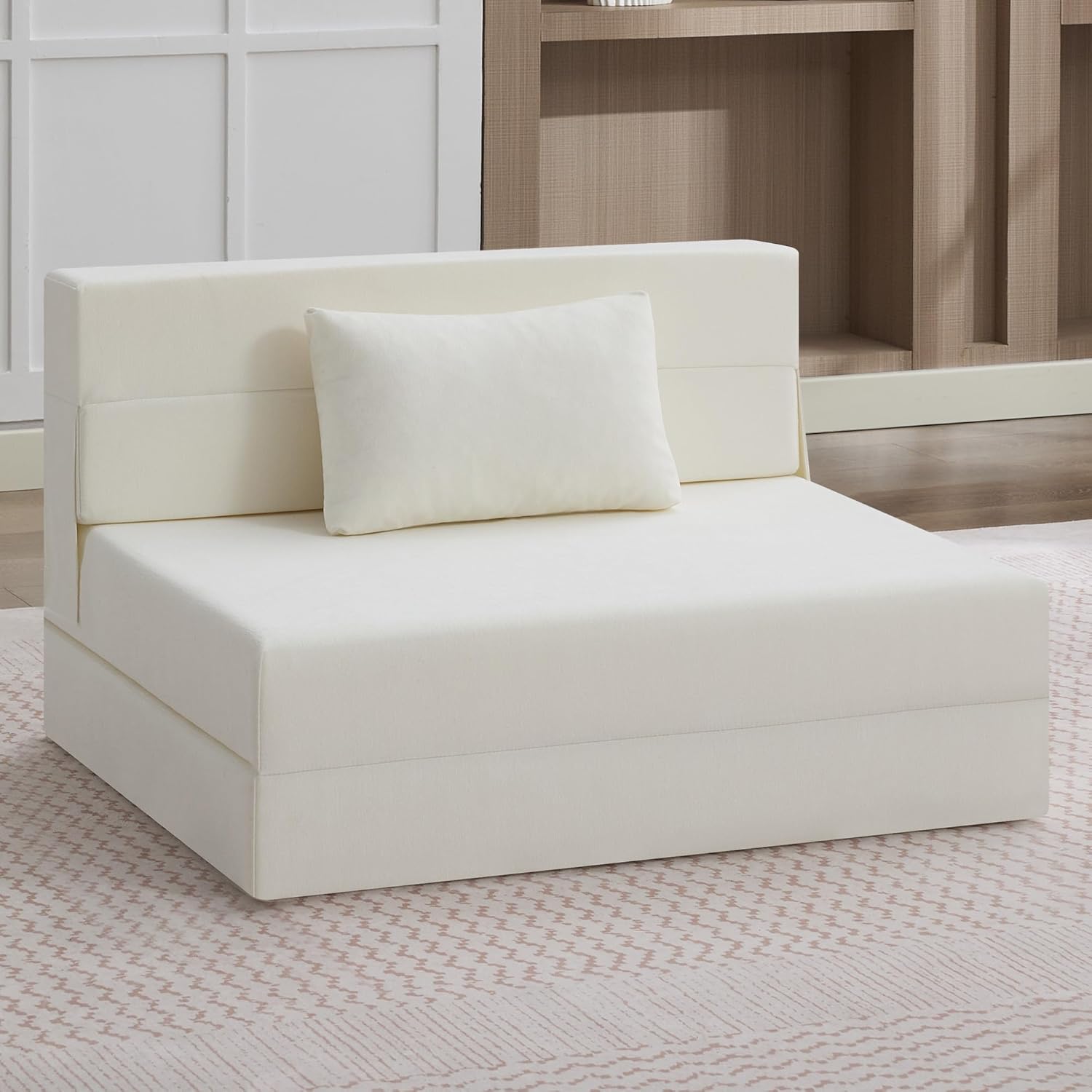 Folding Sofa Bed Convertible Floor Couch Foldable Chair Bed with Pillow，Linen Sleeper Chair Futon,Foldable Memory Foam Mattress for Bedroom/Living Room/Dorm/Office (Beige, Standard)