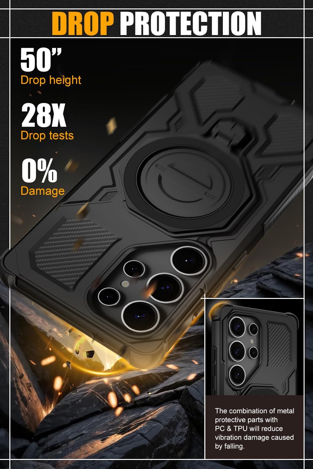 for Samsung Galaxy S25 Ultra Case with Tempered Glass Screen Protector, Heavy Duty Military Grade Shockproof Protective Cover 360° Ring Magnetic Kickstand Cell Phone Case for Samsung S25 Ultra (Black) - Image 2