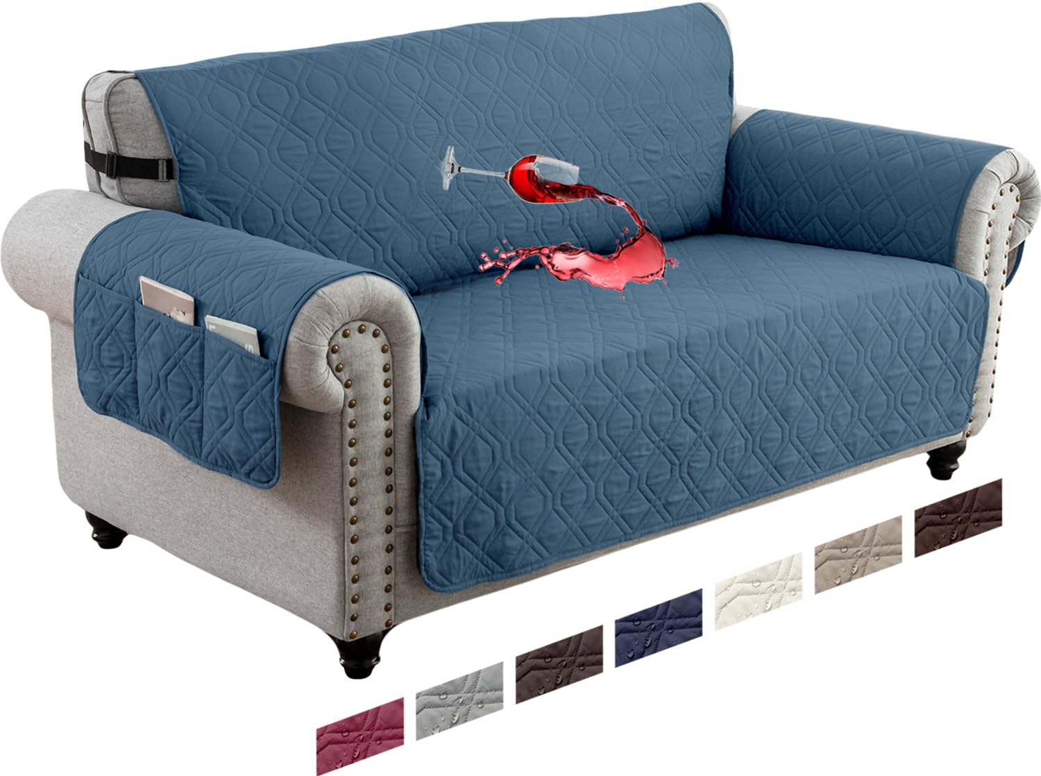 LINGKY Waterproof Sofa Cover 2 Seater Non-Slip Sofa Slipcovers, Reversible Washable Sofa Protectors from Pets & Kids with Elastic Straps Quilted Couch Covers (Blue,2 Seater)