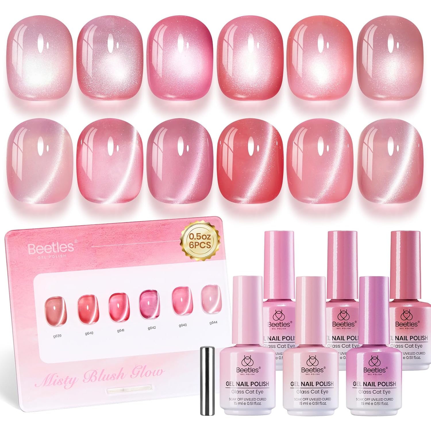Beetles Misty Blush Glow Pink Cat Eye Gel Nail Polish Set - 6 Colors 15ML Full Size Glitter Pink Spring Cat Eye Gel Polish Kit Magnetic Effect Soak Off UV Nail Art DIY Manicure Gift for Women