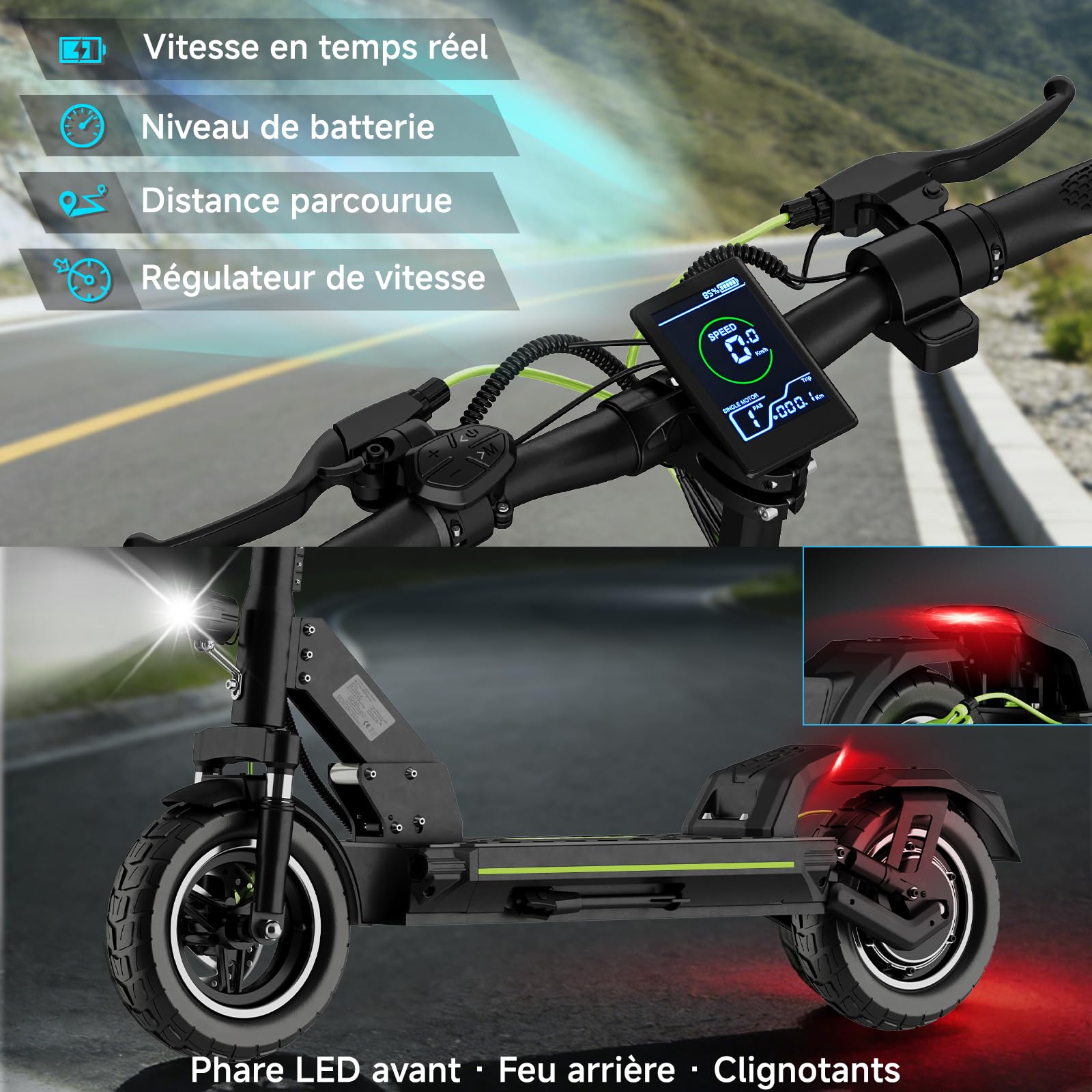 D5 Trottinette Electrique Adulte Autonomie 45-50KM Batterie 48V 10,4Ah Moteur pic 800W Trotinette Électrique Pliante Portable Puissante Tout Terrain Ultra Legere Double Suspension avec APP