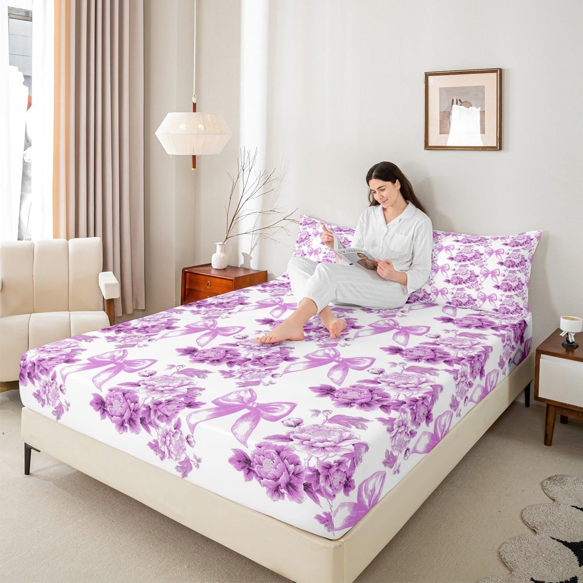Homewish Bowknot Flowers Kids Sheet Queen Size,Bow Tie Floral Leaf Plant Easy Wash Bedding Set,Botanical Rustic Natural Kids Room Decor,Baby Purple Sheet(Fitted+Flat+2 Pillowcases)