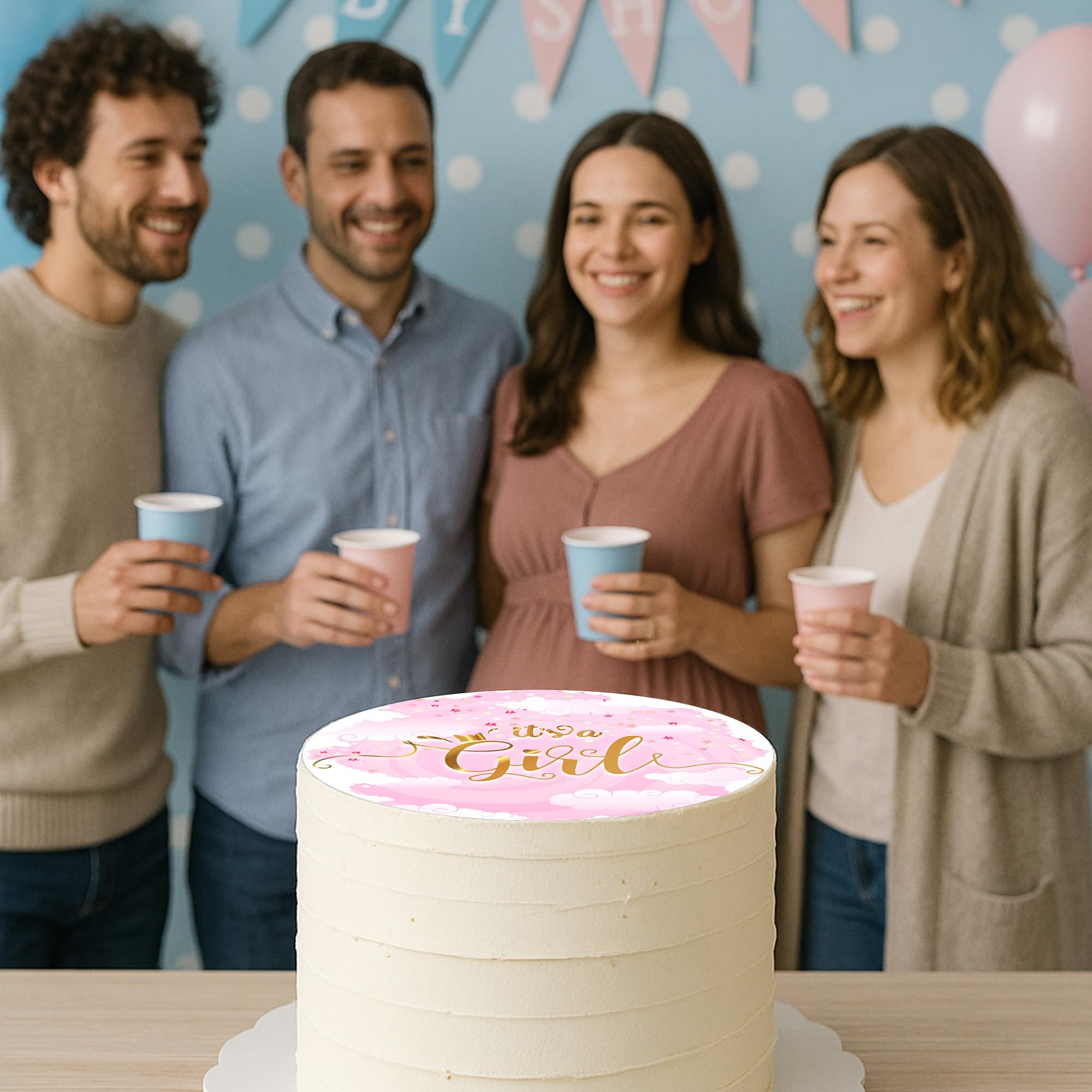 J&M DECO Opłatek na tort Baby Shower It’s a Girl Ø20 cm – jadalna dekoracja na urodziny i chrzest dziewczynki – topper tortowy dla dzieci – bezglutenowy i wegański