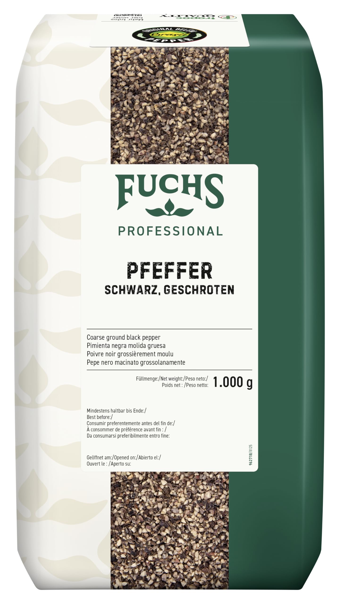 Fuchs Professional - Poivre noir grossièrement moulu | 1 kg dans un sac | Qualité professionnelle pour les gros consommateurs et la gastronomie
