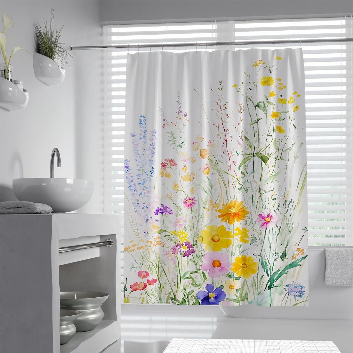 UIRINGART Light Meadow Shower Curtain W200xL220cm Watercolor Floral Botanical Print Water Resistant Polyester Mildew Proof Quick Dry Shower Liner with Hooks