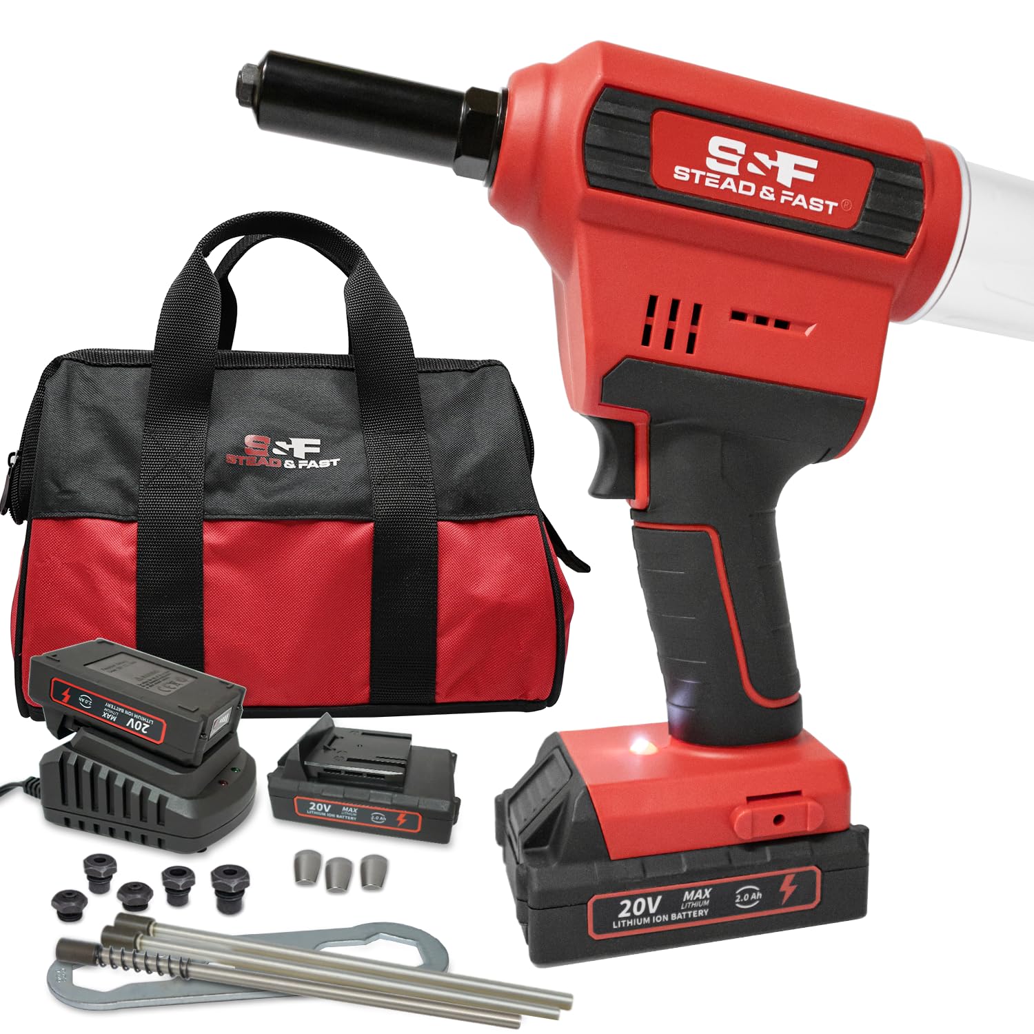 S&F STEAD & FAST Cordless Rivet Tool Kit, 1/8" - 1/4", Brushless, Industrial Grade, with Battery (2 pcs) and Charger, Electric Rivet Gun Set with Case