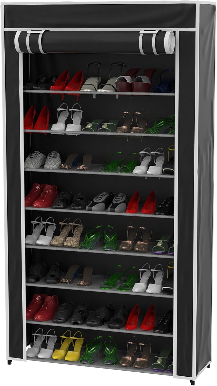 Lavish Home Shoe Storage Rack – 9-Tier Shoe Rack with Cover for Dust and Metal Frame – Freestanding Vertical Footwear Storage Cabinet Organizer (Black)