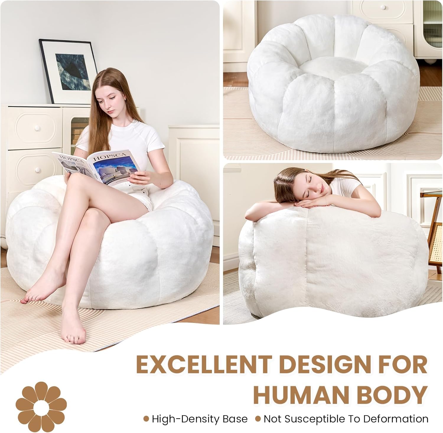 Bean Bag Chairs for Adults,3 ft Teens Beanbag Reading Chair with Filler, Comfy Faux Fur Fluffy Bean Bag for Youth Living Room, Bedroom, Dorm, Game - White, Large, Low Support