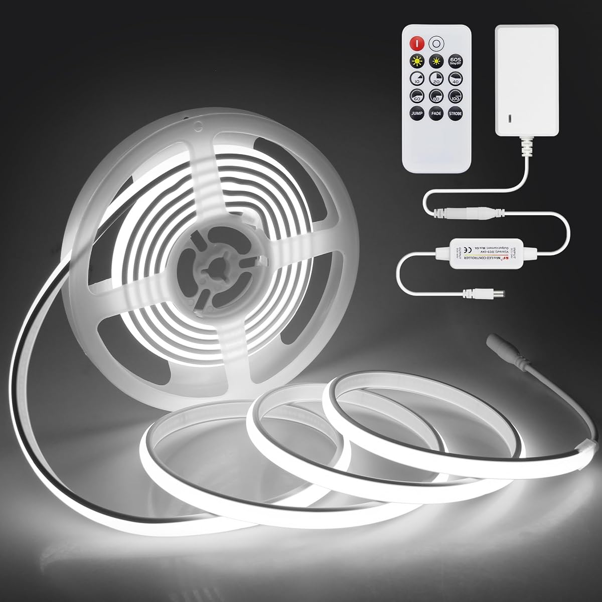 10FT COB LED Rope Lights with Dimmer 24V Outdoor LED Strip Lights Waterproof Daylight White 6000K Ultra Bright 320LEDs/M Flexible LED Light Strip for Indoor Cabinet 3M (Includes Adapter)