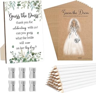 Guess The Dress Bridal Shower Games Include Wooden Table Sign 50 Couple Shower Cards&White Pencils 10 Pencil Sharpeners for Guests Wedding Decorations Bachelorette Engagement Party (Bridal Long Hair)