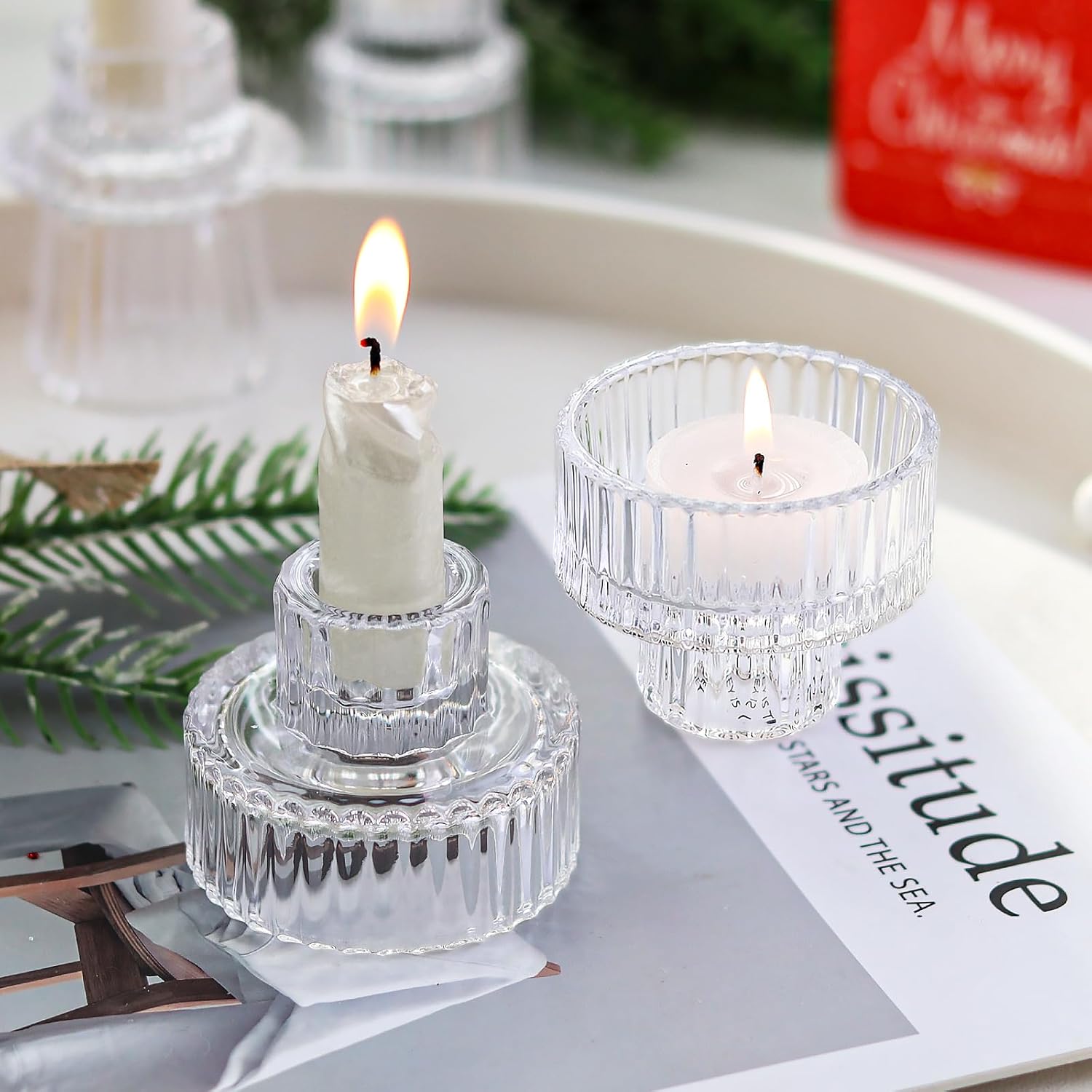 Clear Candlestick Holders 12PCS Ribbed Glass Taper Candle Holders for Tealight Stick Candles Table Centerpieces Thanksgiving Christmas Indoor and Outdoor Decorations - Image 3