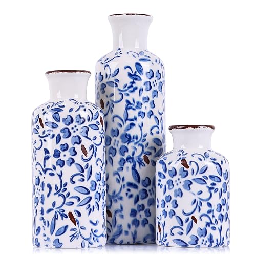 Chinoiserie Decor Ceramic Vases Set - 3 Blue and White