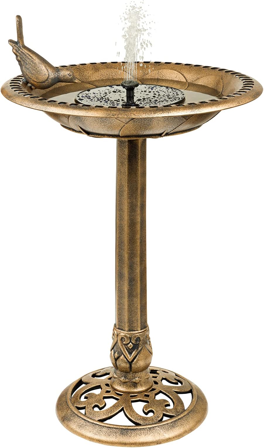 Solar Bird Bath - Drinking Water Bowl with Sun-Powered Fountain for Garden Birds - Decorative Standing Outdoor Bird Bath Dish in a Rustic Bronze Finish for Lawn, Backyard, Aviary - 80x50cm