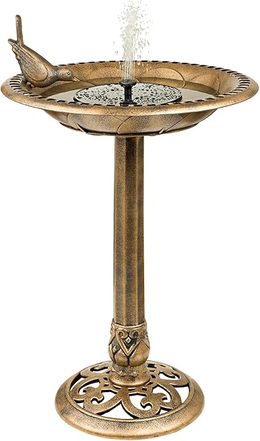 SA Products Solar Bird Bath - Drinking Water Bowl with Sun-Powered Fountain for Garden Birds - Decorative Standing Outdoor Bird Bath Dish in a Rustic Bronze Finish for Lawn, Backyard, Aviary - 80x50cm