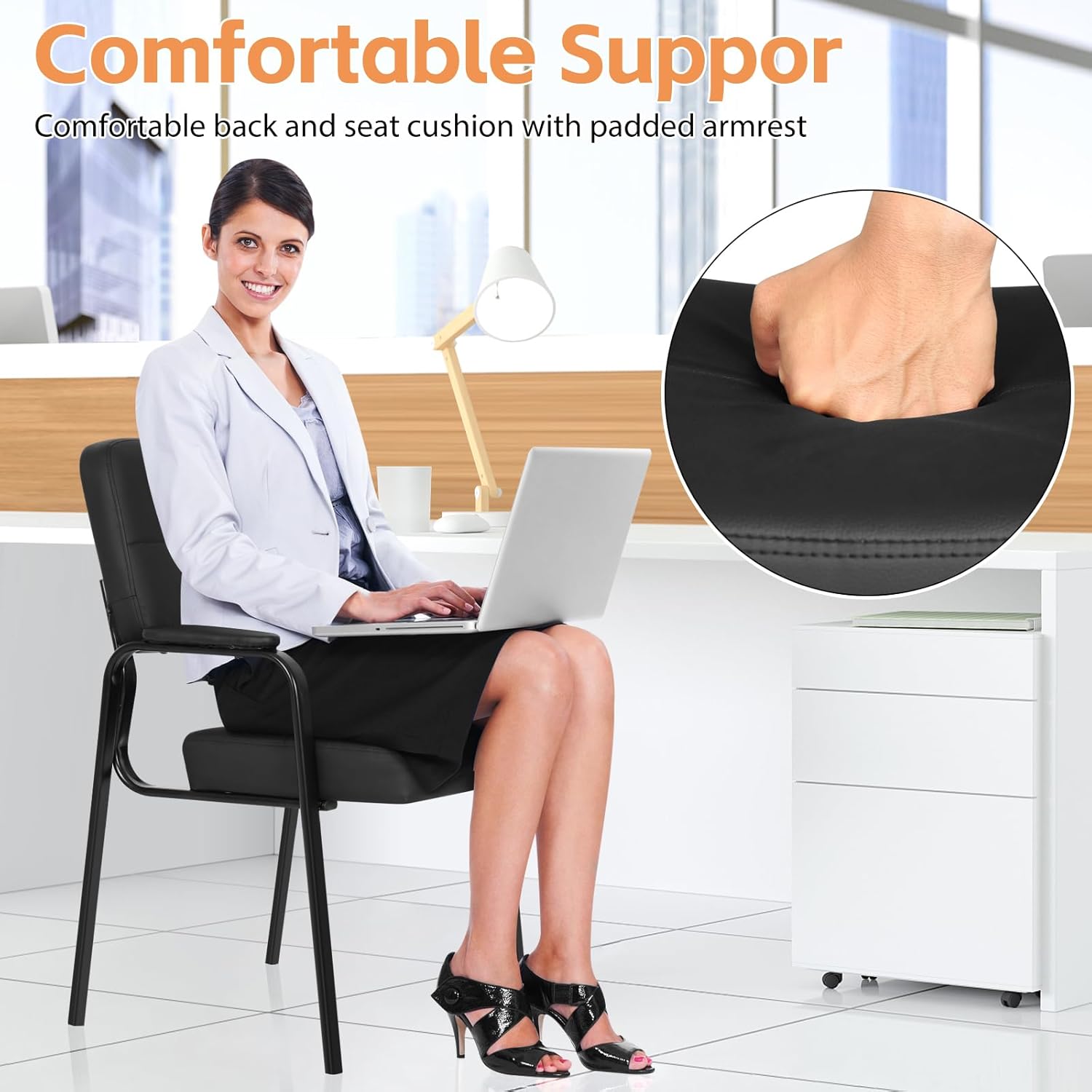 BLKMTY Waiting Room Chairs, No Wheels Leather Office Guest Chairs Stationary Office Reception Guest Chair with Padded Arms, Meeting Conference Waiting Room Lobby Table Side Home Salon Chair, Black