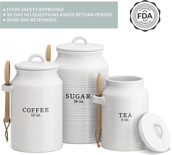 Barnyard Designs Ceramic Kitchen Canister Set White (Coffee/Sugar/Tea) | Set of 3 Decorative Rustic Farmhouse Ceramic Jars with Lids; Countertop Storage for Baking, Pantry, or Snacks