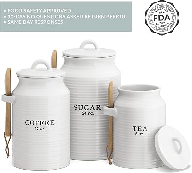 Barnyard Designs Ceramic Kitchen Canister Set White (Coffee/Sugar/Tea) | Set of 3 Decorative Rustic Farmhouse Ceramic Jars with Lids; Countertop Storage for Baking, Pantry, or Snacks