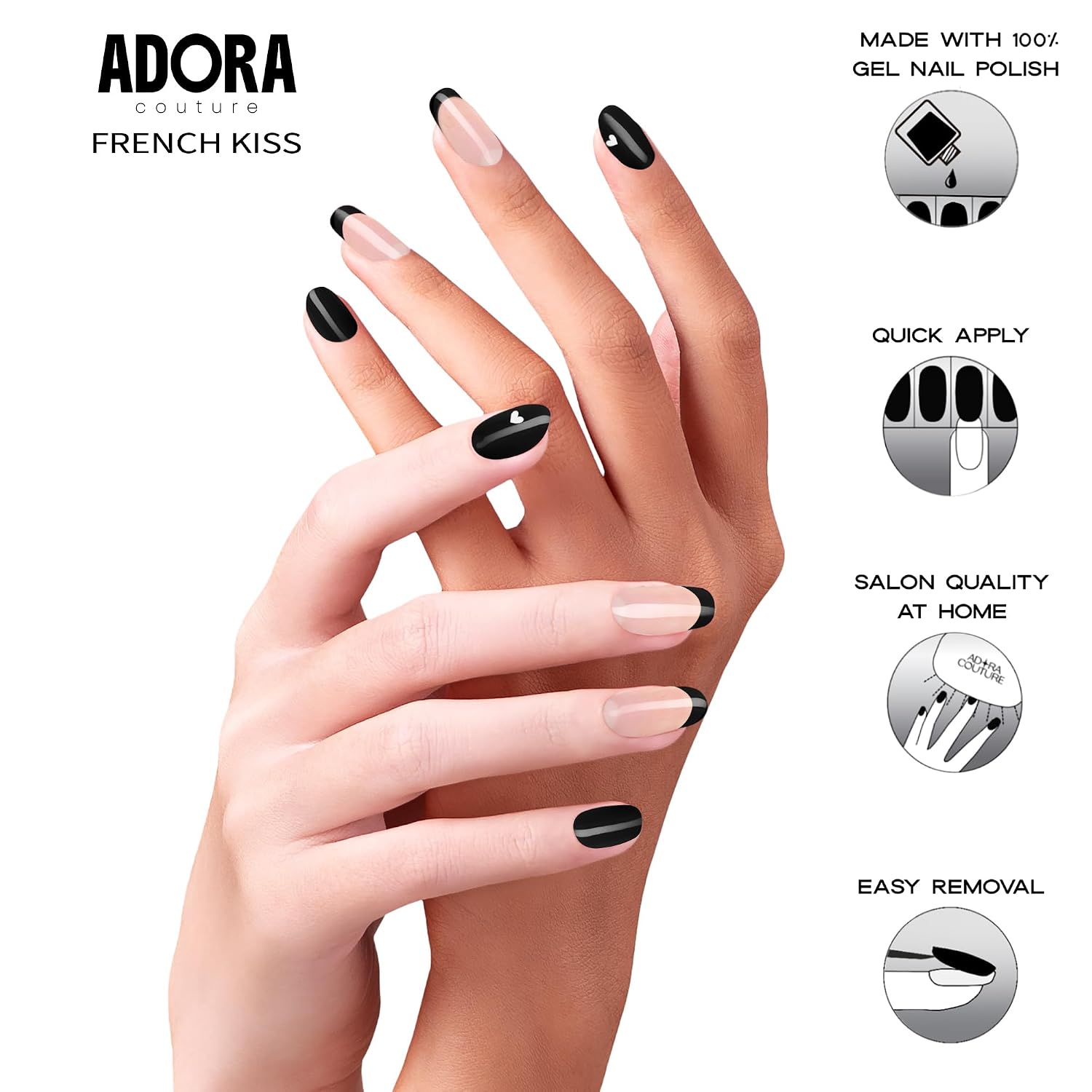 Adora Couture Semi-Cured Gel Nail Strips - 30 Salon-Quality Gel Sticker with UV Light Required, Long Lasting, Easy Application & Removal, Includes Prep Pad, Nail File, Wooden Stick – French Kiss