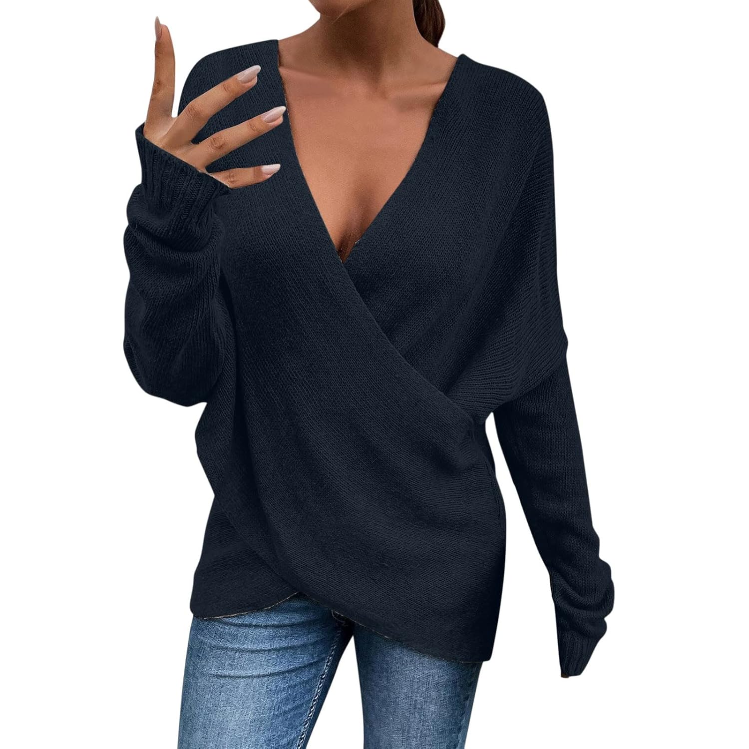 Womens Deep V Neck Criss Cross Front Wrap Sweaters Long Sleeve Fitted Ribbed Knit Sexy Sweater Pullover Tops