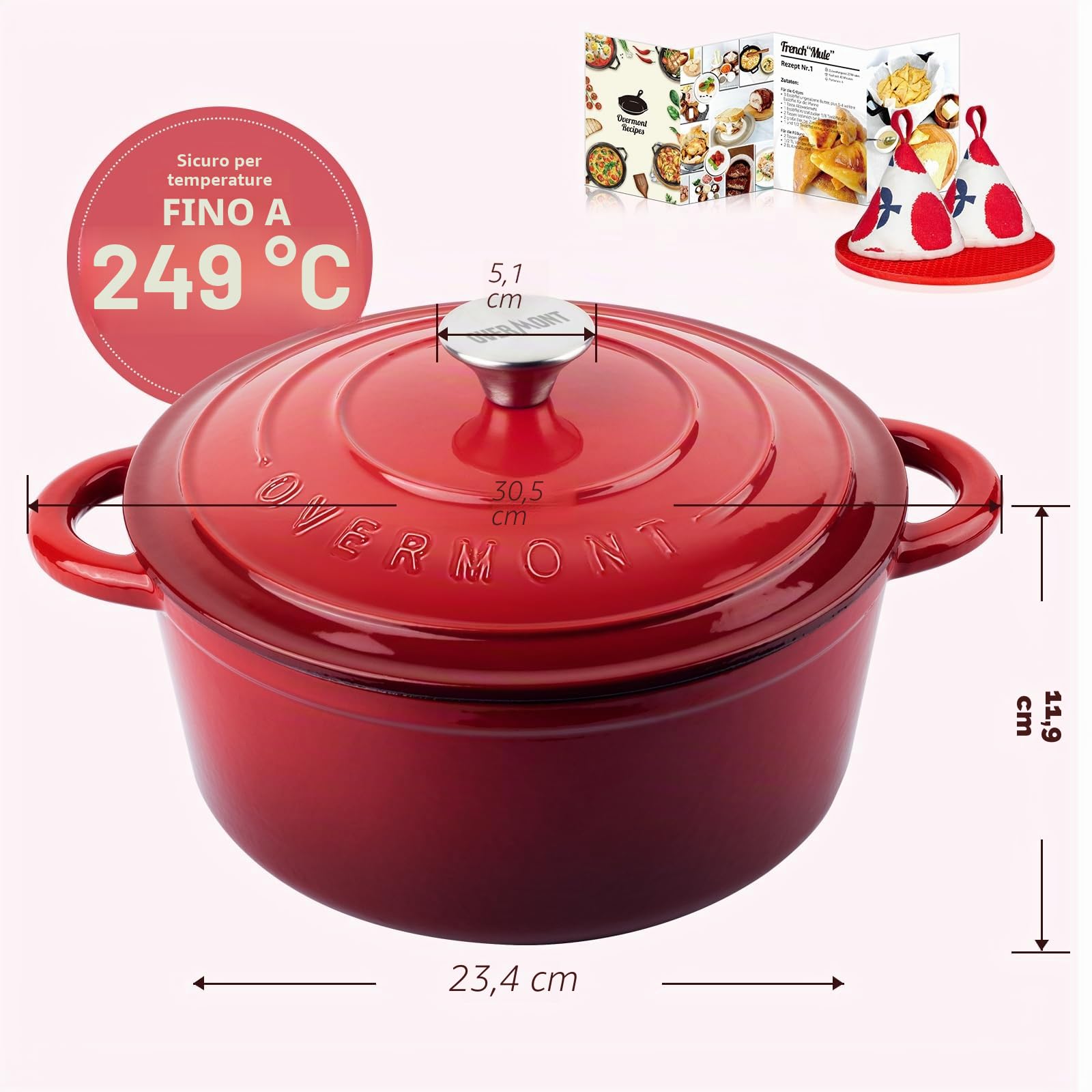 Overmont Casseruola in Ghisa Smaltata - Antiaderente Forno Olandese con Coperchio - Ø26 CM Rotonda Cocotte per Adatto a Piani di Cottura e Forni a Induzione - Rosso